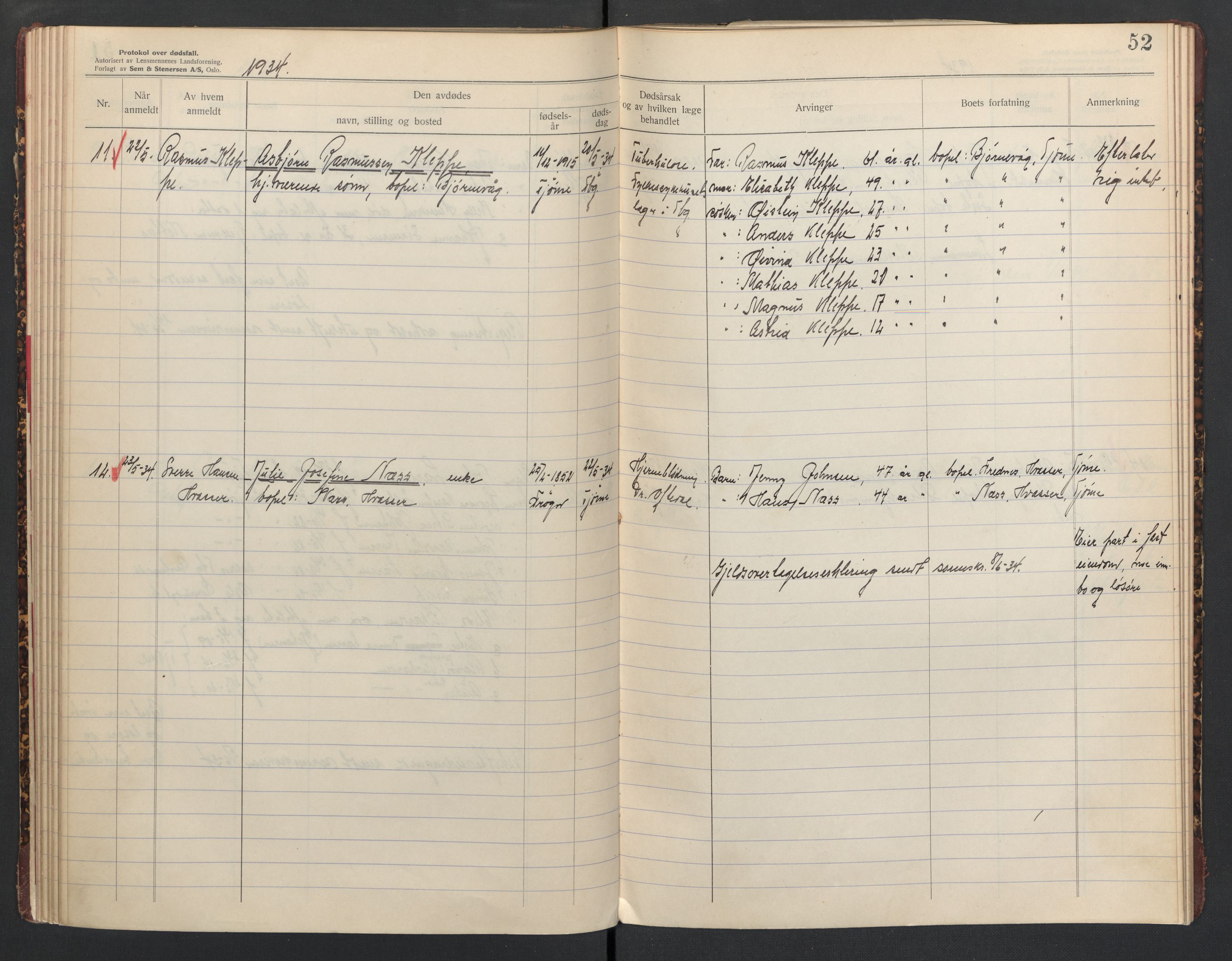 Tjøme lensmannskontor, AV/SAKO-A-55/H/Ha/L0001: Dødsfallsprotokoll, 1931-1936, s. 52