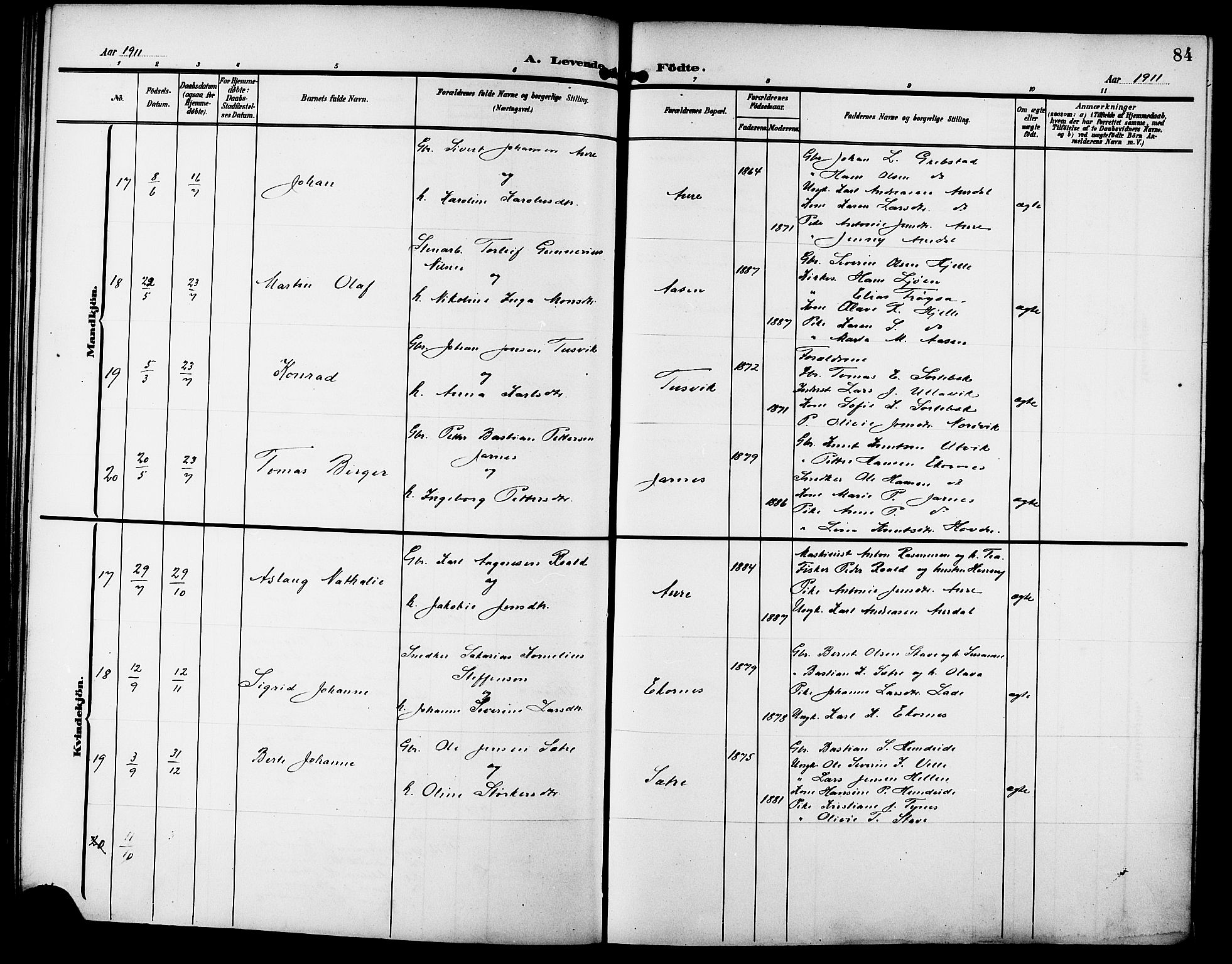 Ministerialprotokoller, klokkerbøker og fødselsregistre - Møre og Romsdal, SAT/A-1454/523/L0341: Klokkerbok nr. 523C04, 1903-1916, s. 84