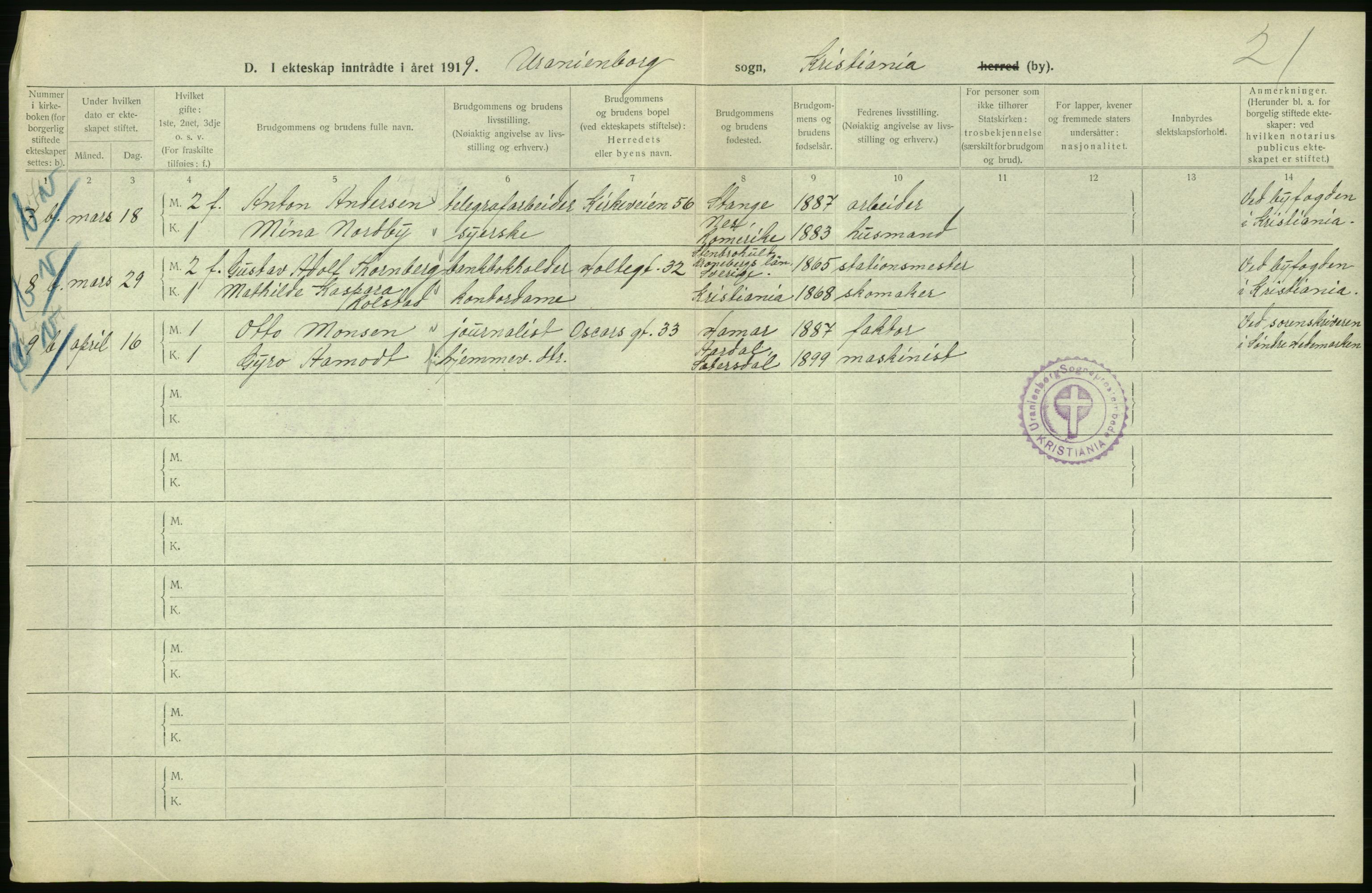 Statistisk sentralbyrå, Sosiodemografiske emner, Befolkning, RA/S-2228/D/Df/Dfb/Dfbi/L0009: Kristiania: Gifte, 1919, s. 240