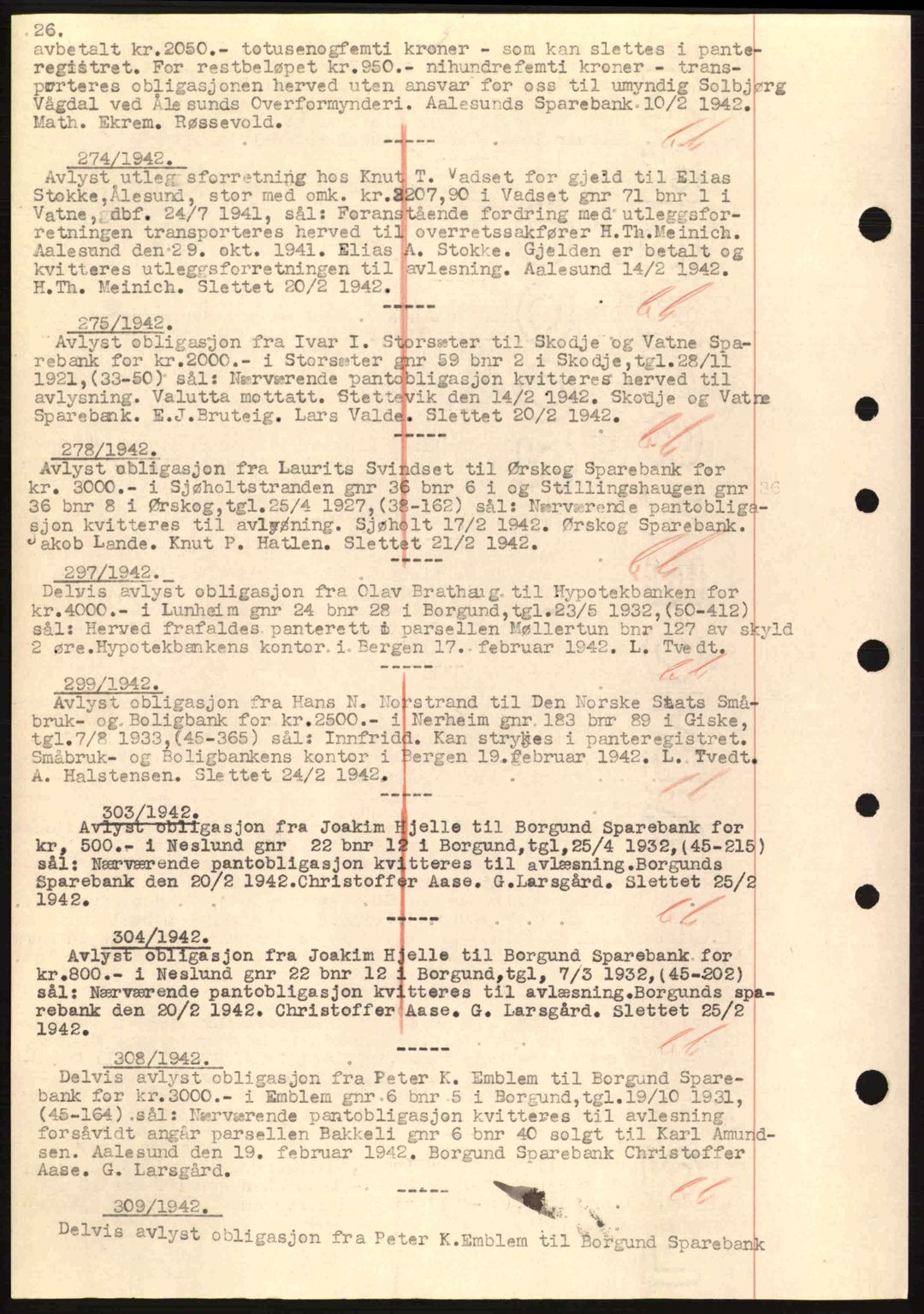 Nordre Sunnmøre sorenskriveri, SAT/A-0006/1/2/2C/2Ca: Pantebok nr. B1-6, 1938-1942, Dagboknr: 274/1942