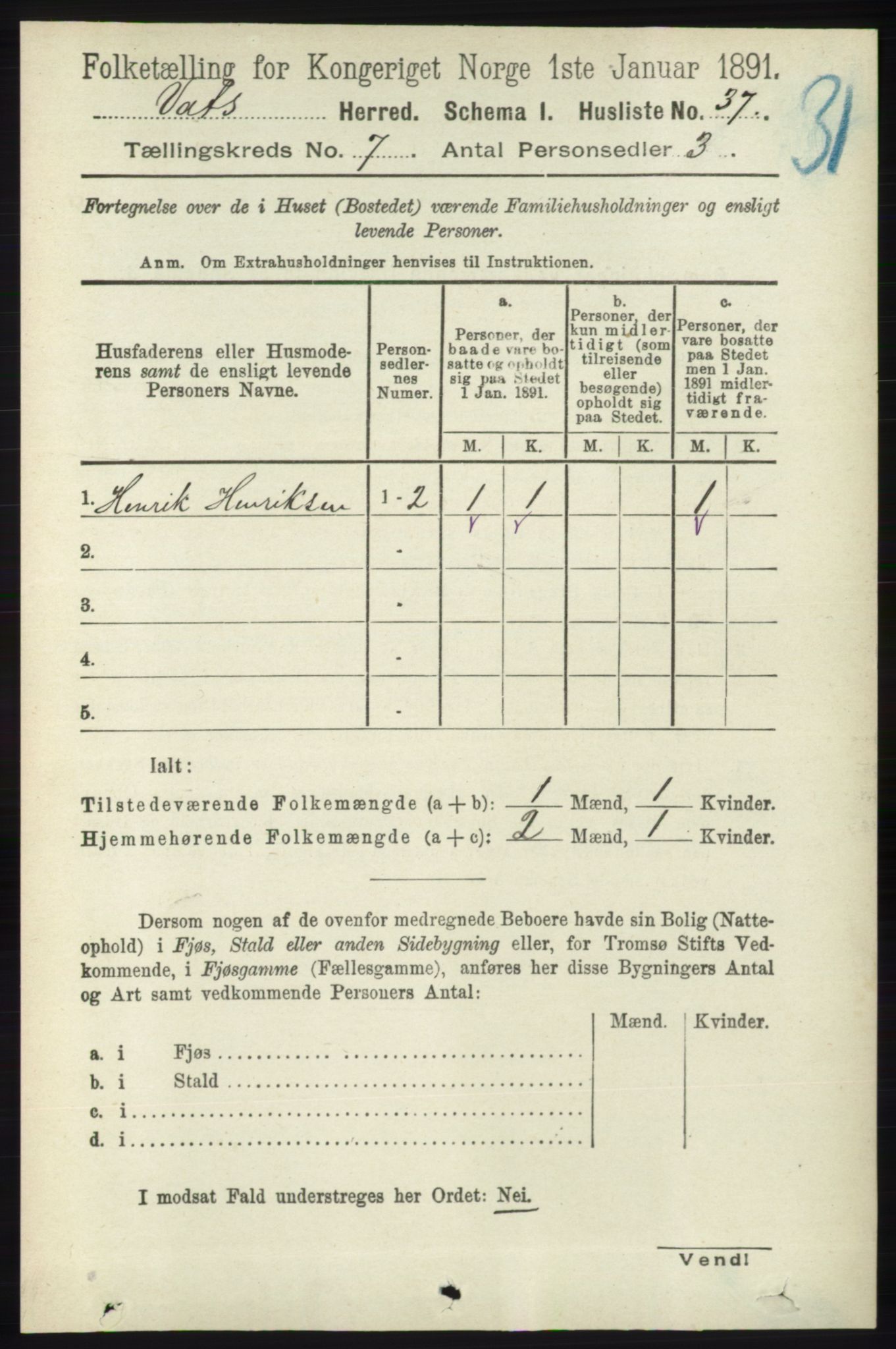 RA, Folketelling 1891 for 1155 Vats herred, 1891, s. 1096