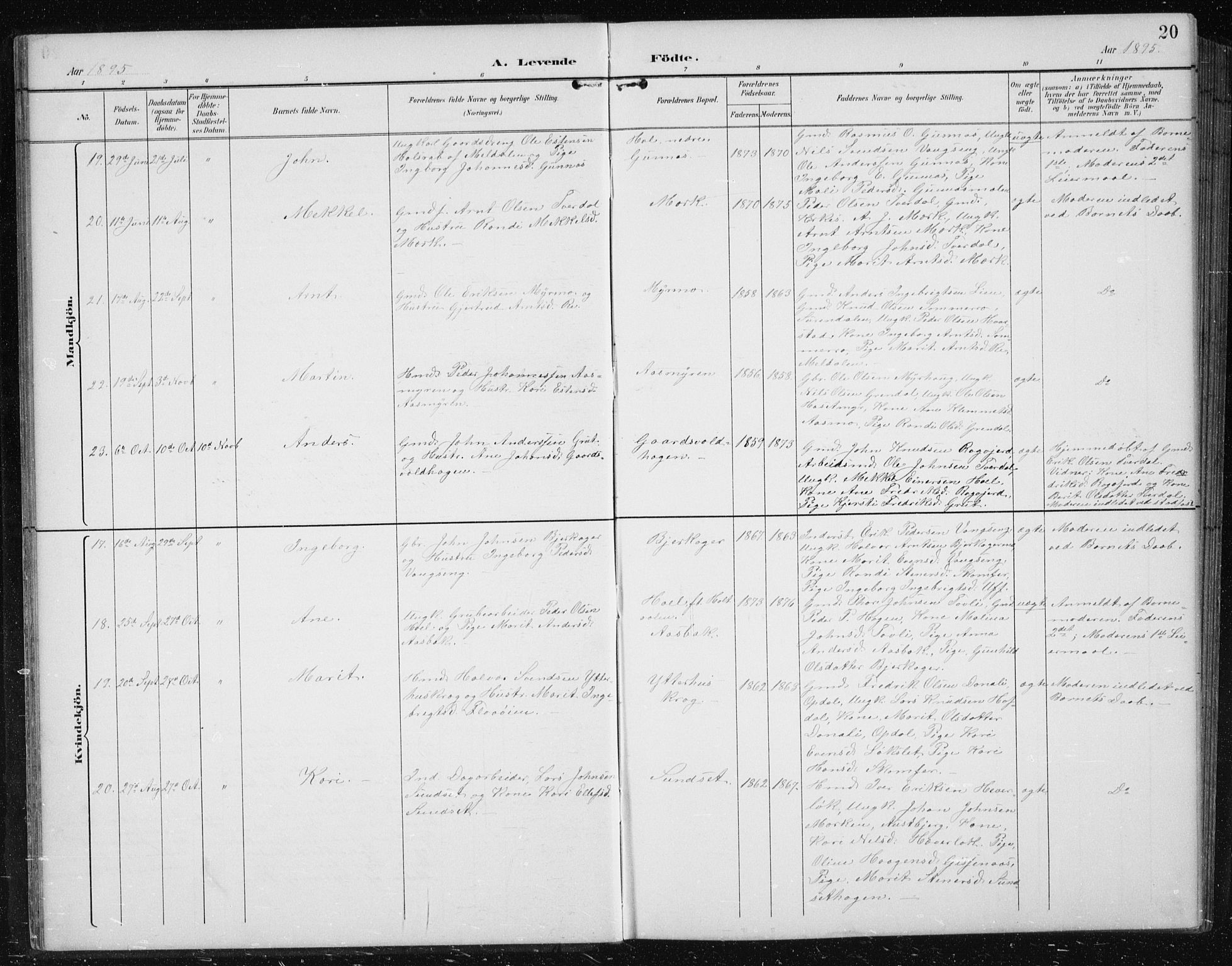 Ministerialprotokoller, klokkerbøker og fødselsregistre - Sør-Trøndelag, AV/SAT-A-1456/674/L0876: Klokkerbok nr. 674C03, 1892-1912, s. 20