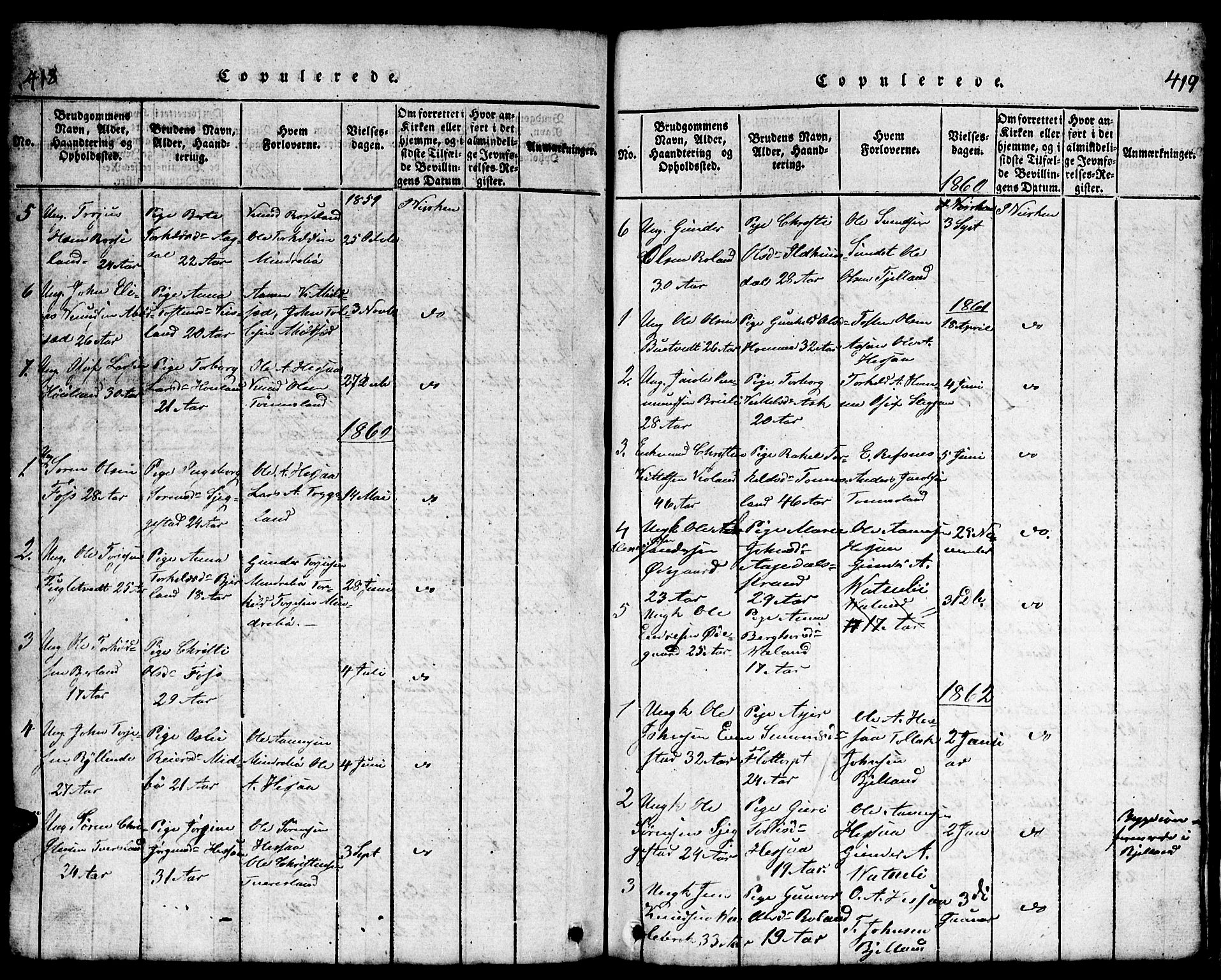 Bjelland sokneprestkontor, AV/SAK-1111-0005/F/Fb/Fba/L0003: Klokkerbok nr. B 3, 1816-1870, s. 418-419