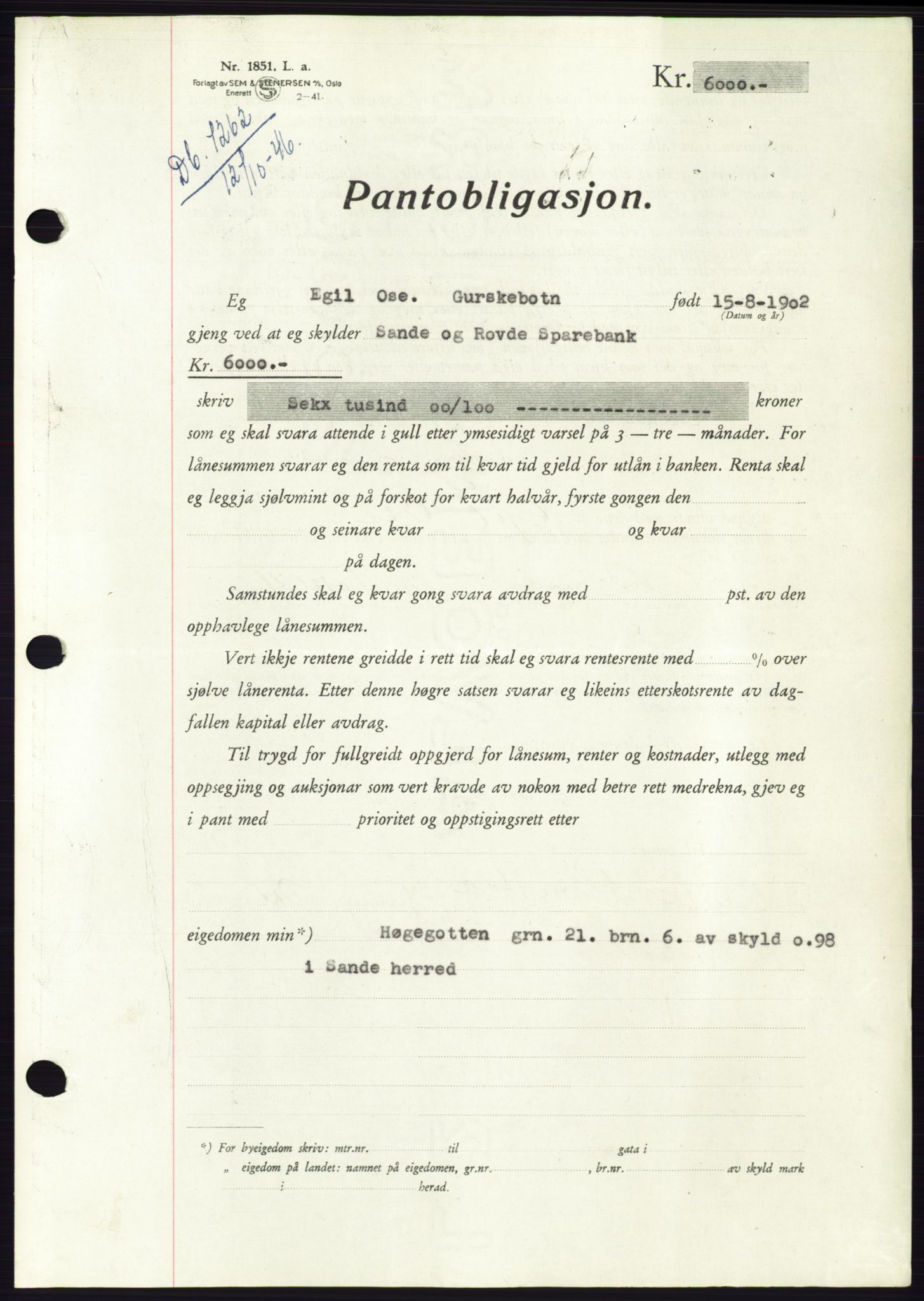 Søre Sunnmøre sorenskriveri, AV/SAT-A-4122/1/2/2C/L0114: Pantebok nr. 1-2B, 1943-1947, Dagboknr: 1262/1946