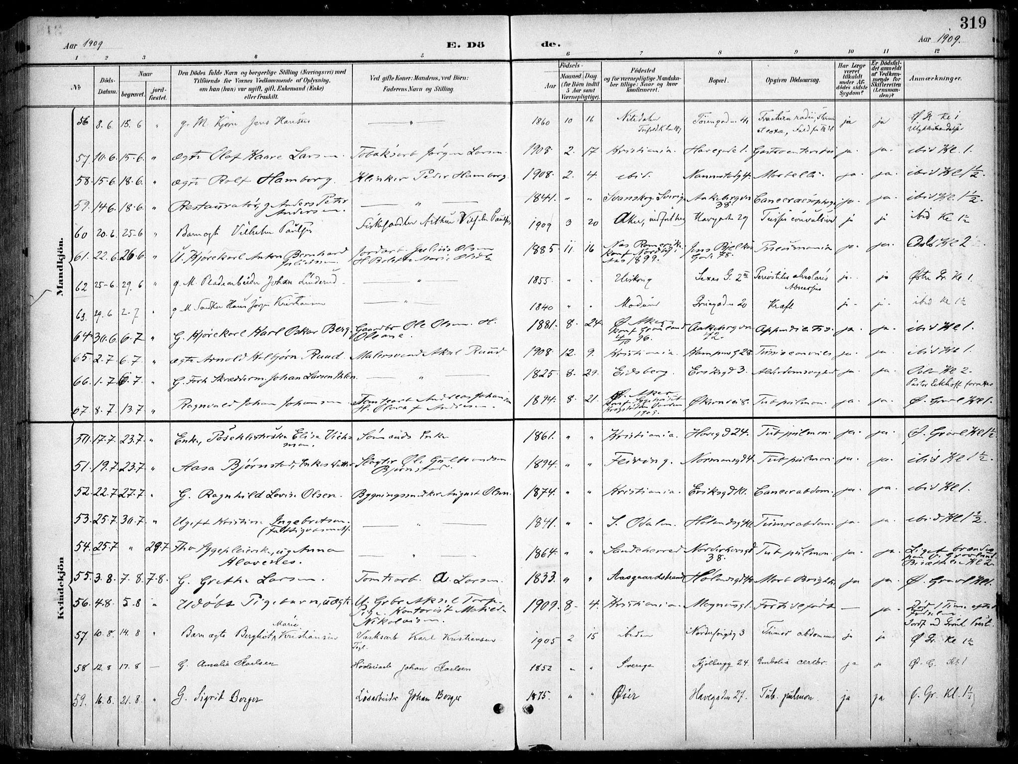 Kampen prestekontor Kirkebøker, AV/SAO-A-10853/F/Fa/L0009: Ministerialbok nr. I 9, 1899-1911, s. 319
