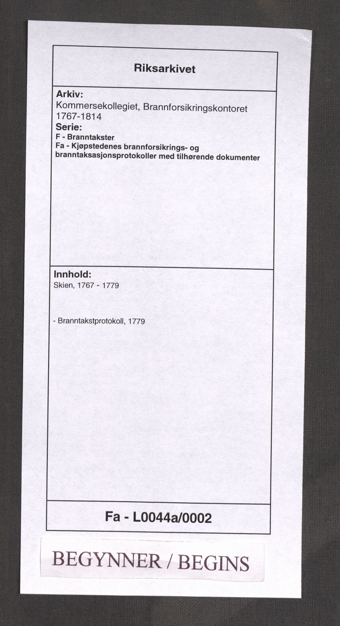 Kommersekollegiet, Brannforsikringskontoret 1767-1814, RA/EA-5458/F/Fa/L0044a/0002: Skien / Branntakstprotokoll, 1779