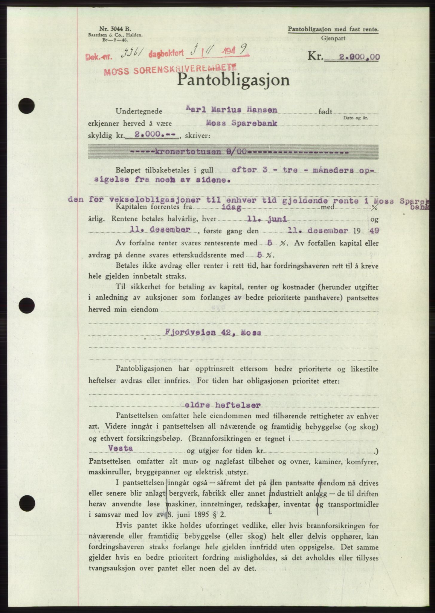 Moss sorenskriveri, SAO/A-10168: Pantebok nr. B23, 1949-1950, Dagboknr: 3361/1949