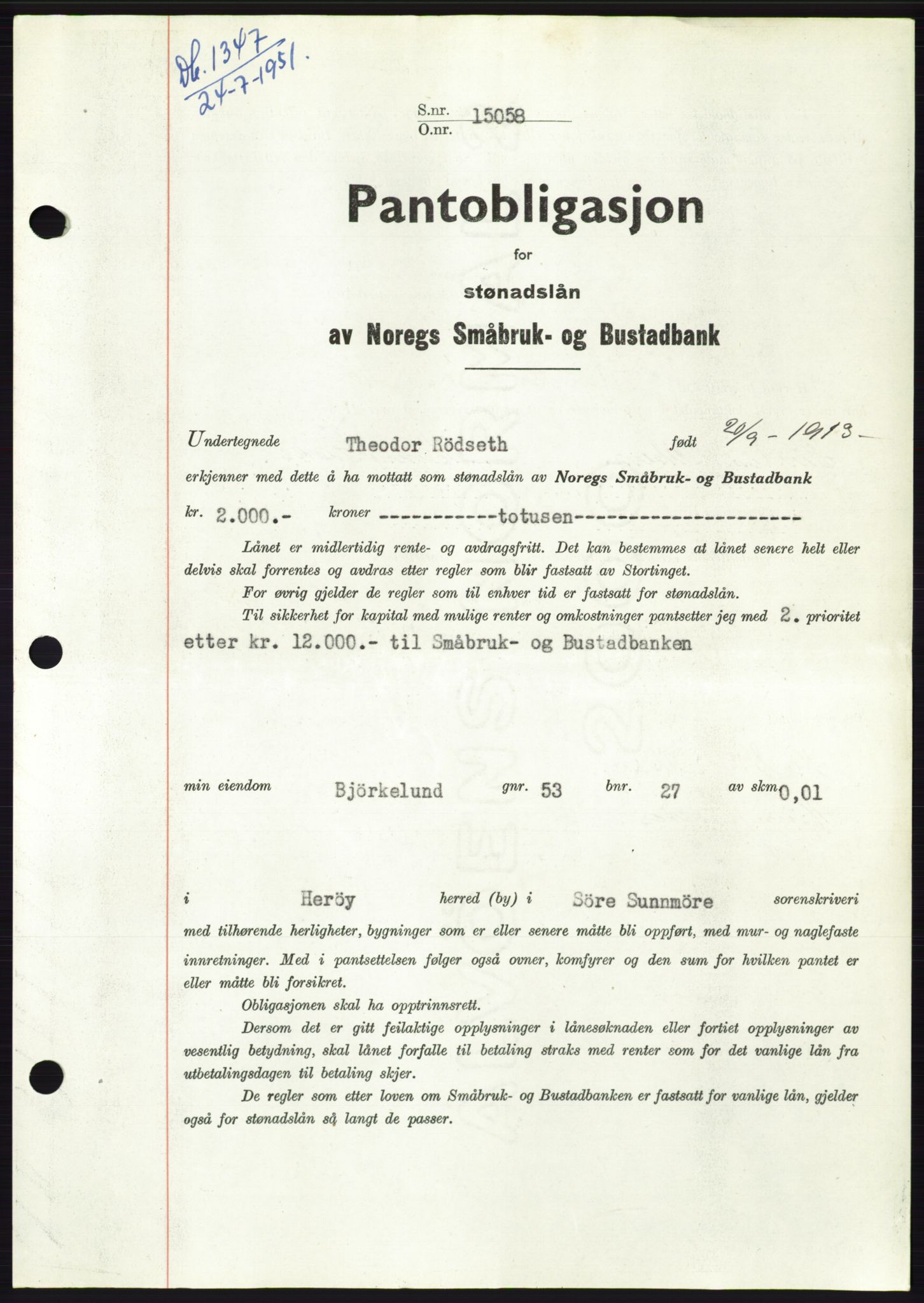 Søre Sunnmøre sorenskriveri, SAT/A-4122/1/2/2C/L0120: Pantebok nr. 8B, 1951-1951, Dagboknr: 1347/1951