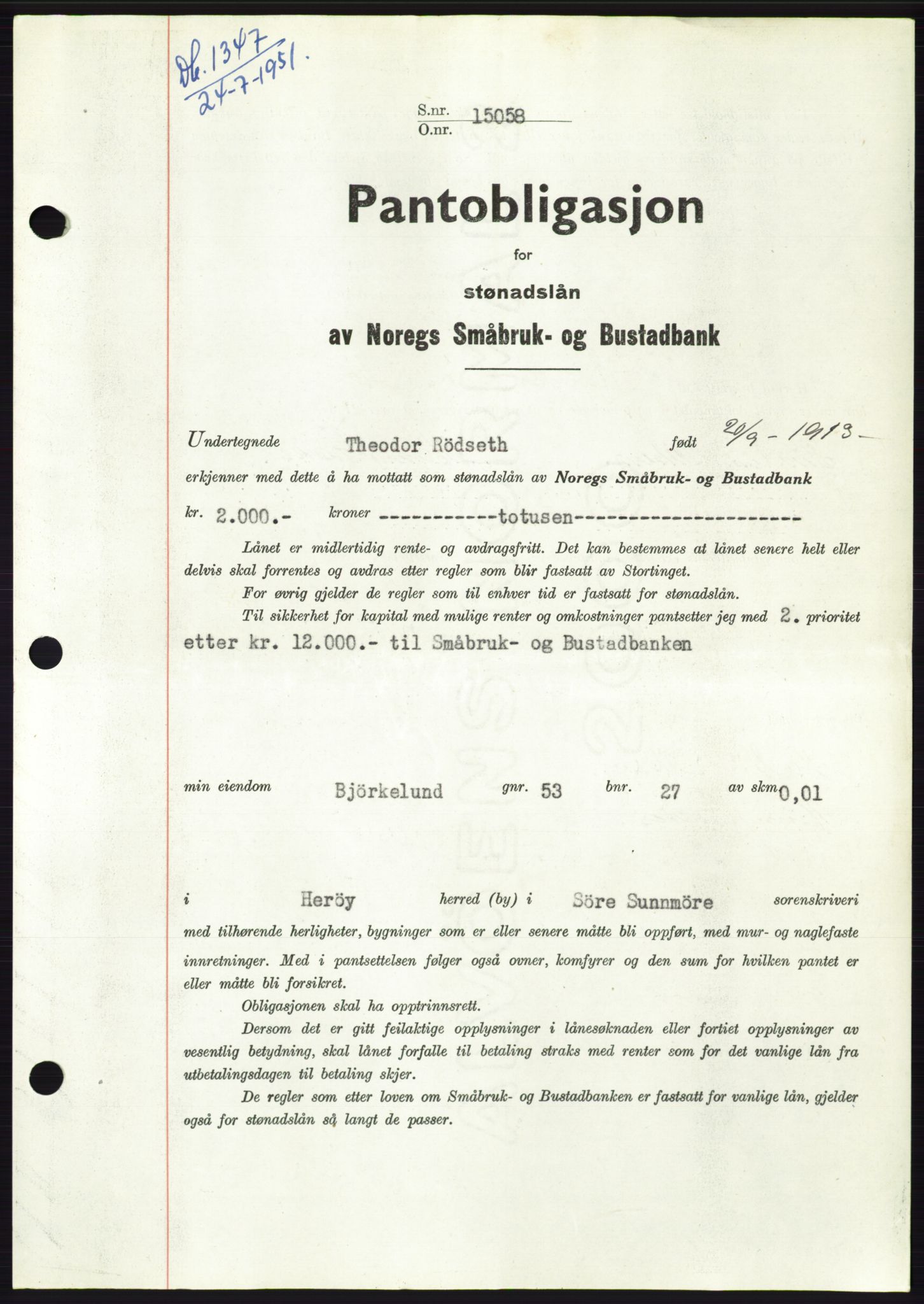 Søre Sunnmøre sorenskriveri, AV/SAT-A-4122/1/2/2C/L0120: Pantebok nr. 8B, 1951-1951, Dagboknr: 1347/1951