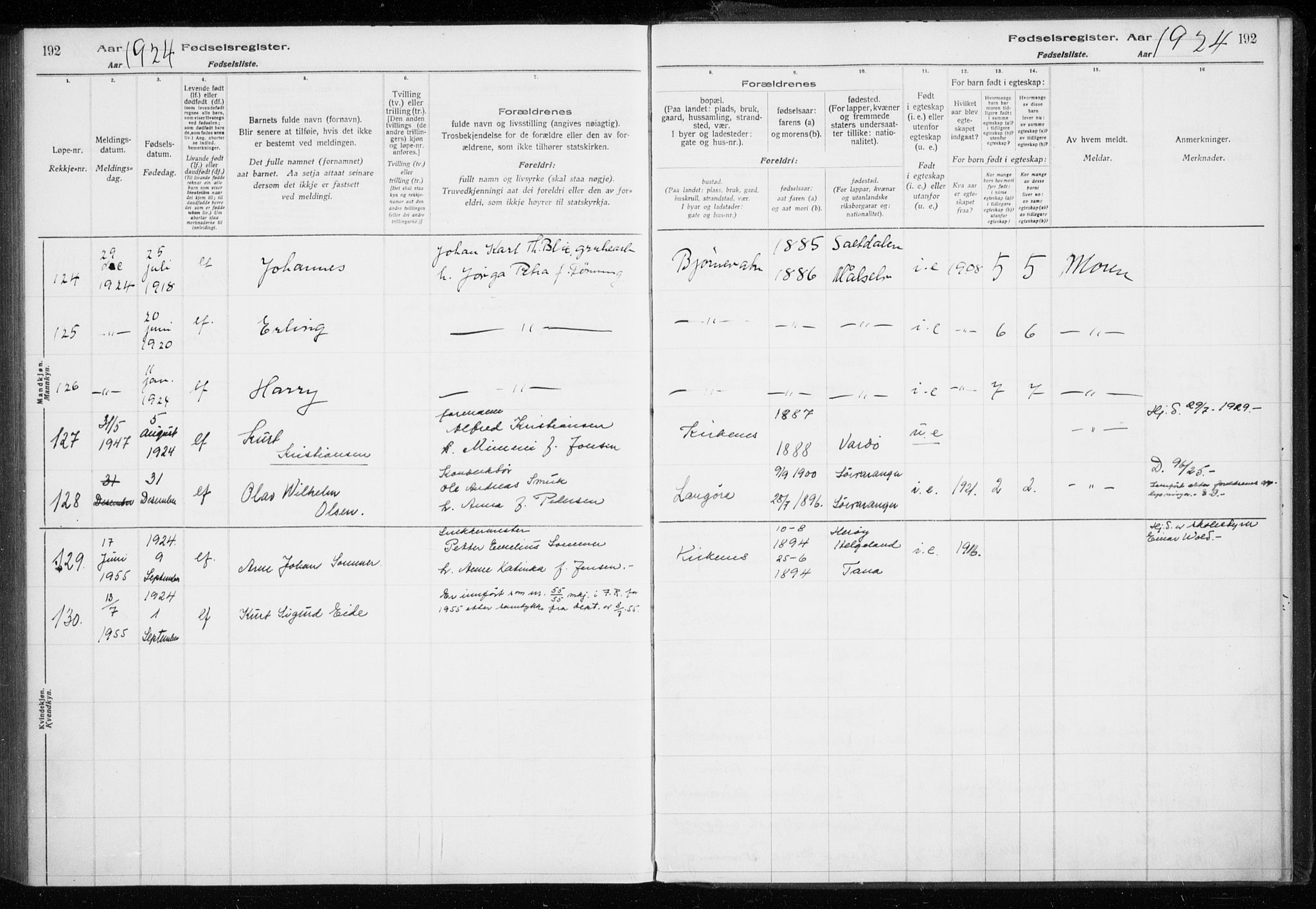 Sør-Varanger sokneprestkontor, AV/SATØ-S-1331/I/Ia/L0016: Fødselsregister nr. 16, 1915-1925, s. 192