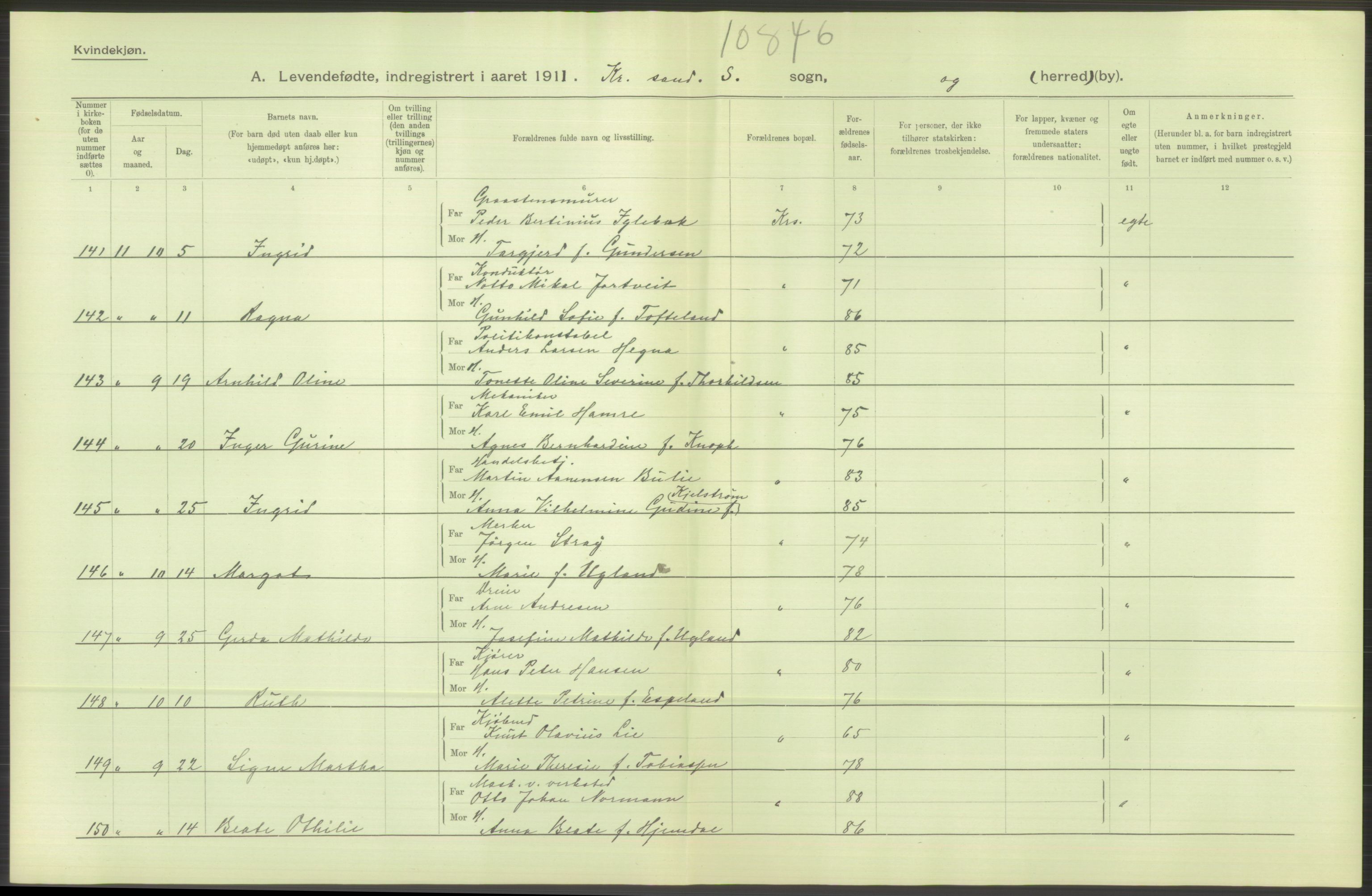 Statistisk sentralbyrå, Sosiodemografiske emner, Befolkning, AV/RA-S-2228/D/Df/Dfb/Dfba/L0023: Lister og Mandals amt:  Levendefødte menn og kvinner. Bygder og byer., 1911, s. 10