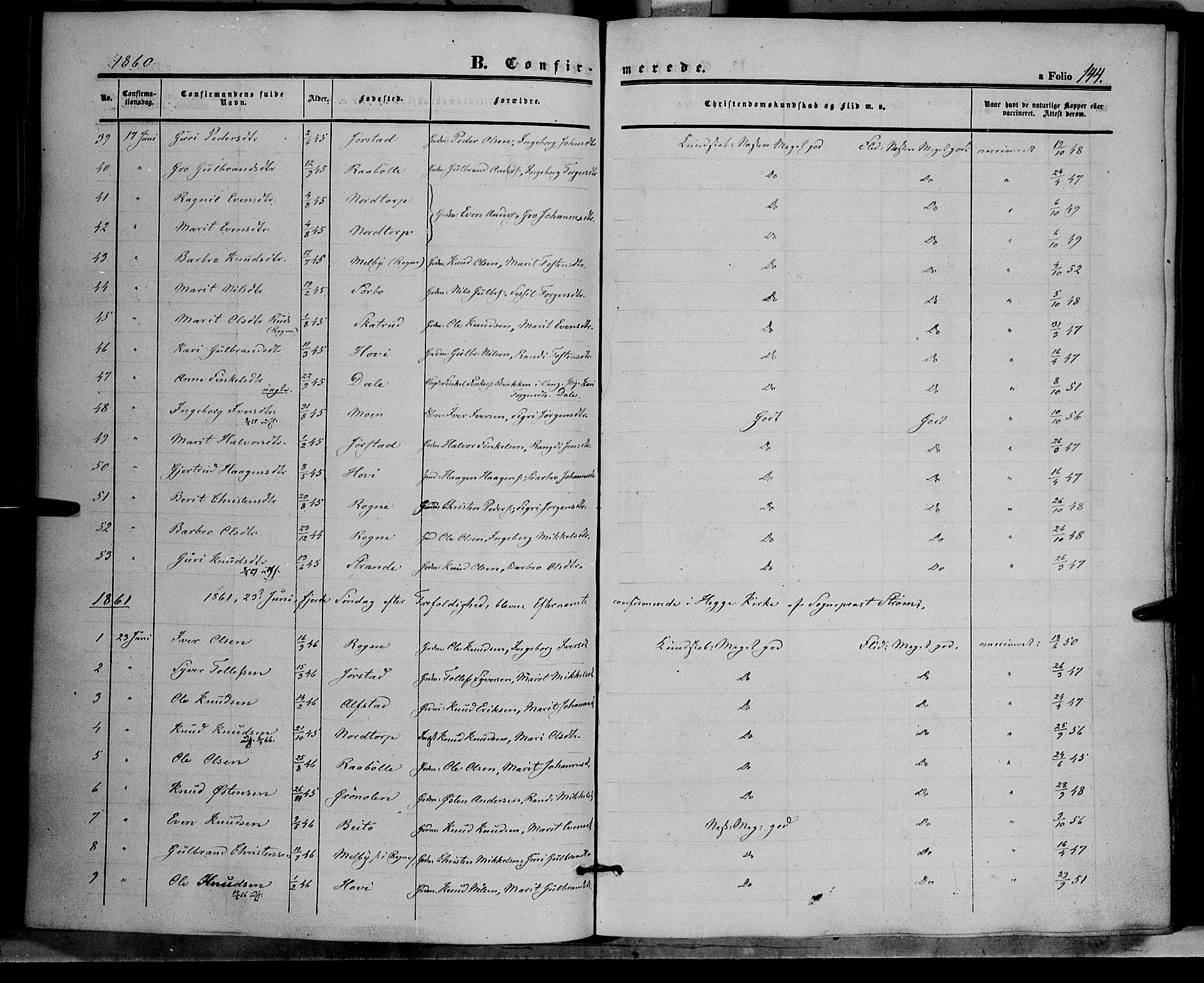 Øystre Slidre prestekontor, AV/SAH-PREST-138/H/Ha/Haa/L0001: Ministerialbok nr. 1, 1849-1874, s. 144