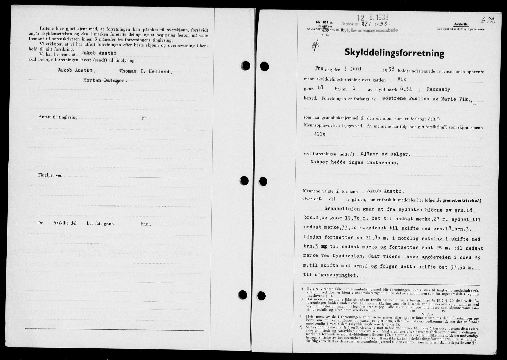Ryfylke tingrett, SAST/A-100055/001/II/IIB/L0077: Pantebok nr. 56, 1938-1938, Dagboknr: 871/1938