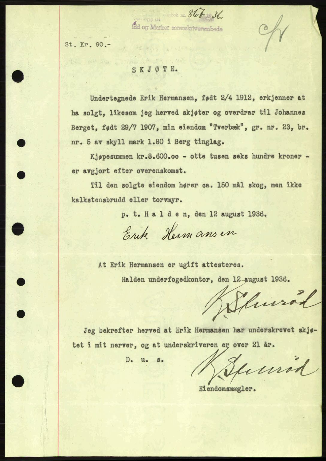 Idd og Marker sorenskriveri, AV/SAO-A-10283/G/Gb/Gbb/L0001: Pantebok nr. A1, 1936-1937, Dagboknr: 867/1936