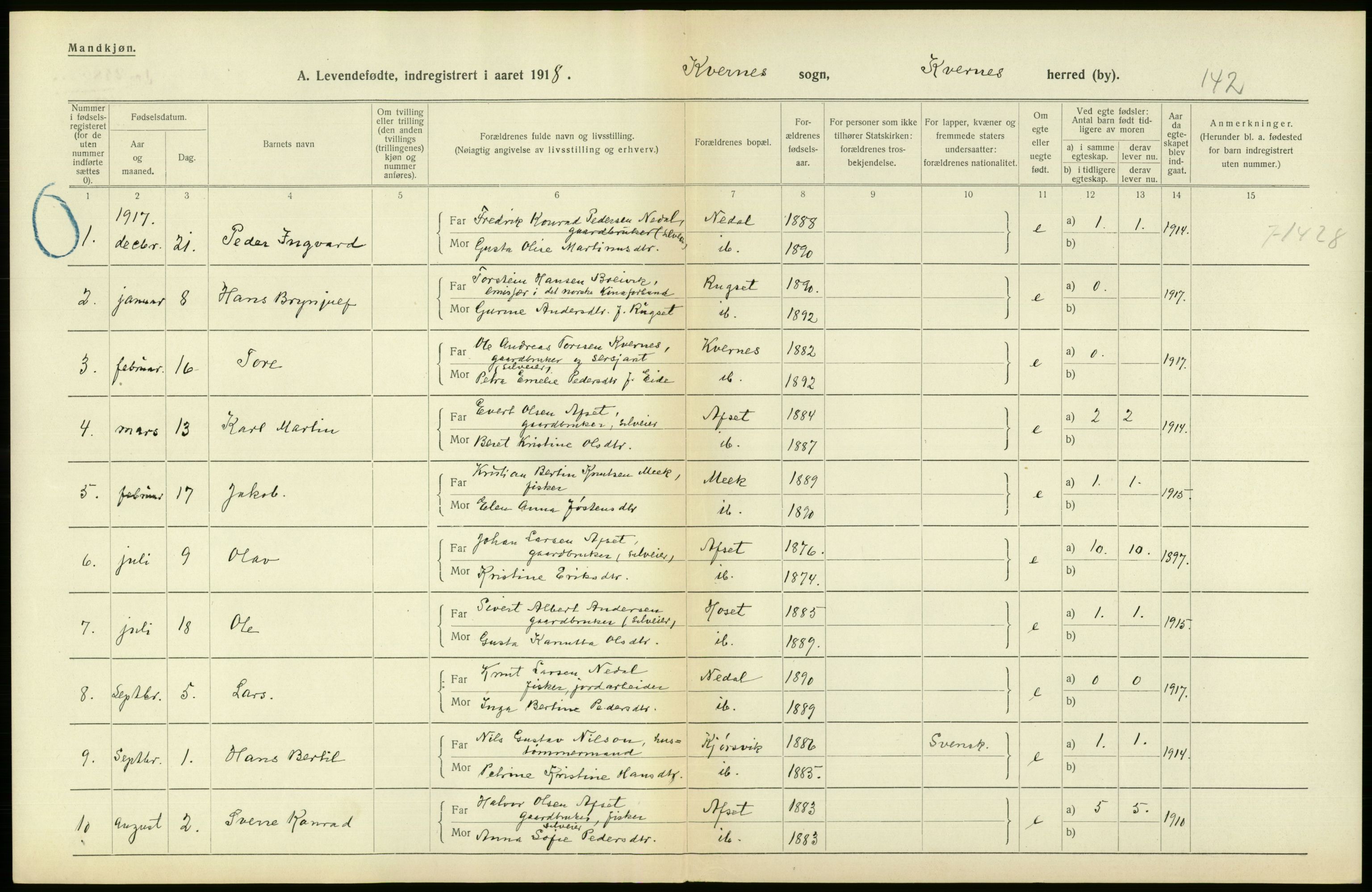 Statistisk sentralbyrå, Sosiodemografiske emner, Befolkning, RA/S-2228/D/Df/Dfb/Dfbh/L0043: Møre fylke: Levendefødte menn og kvinner. Bygder., 1918, s. 622