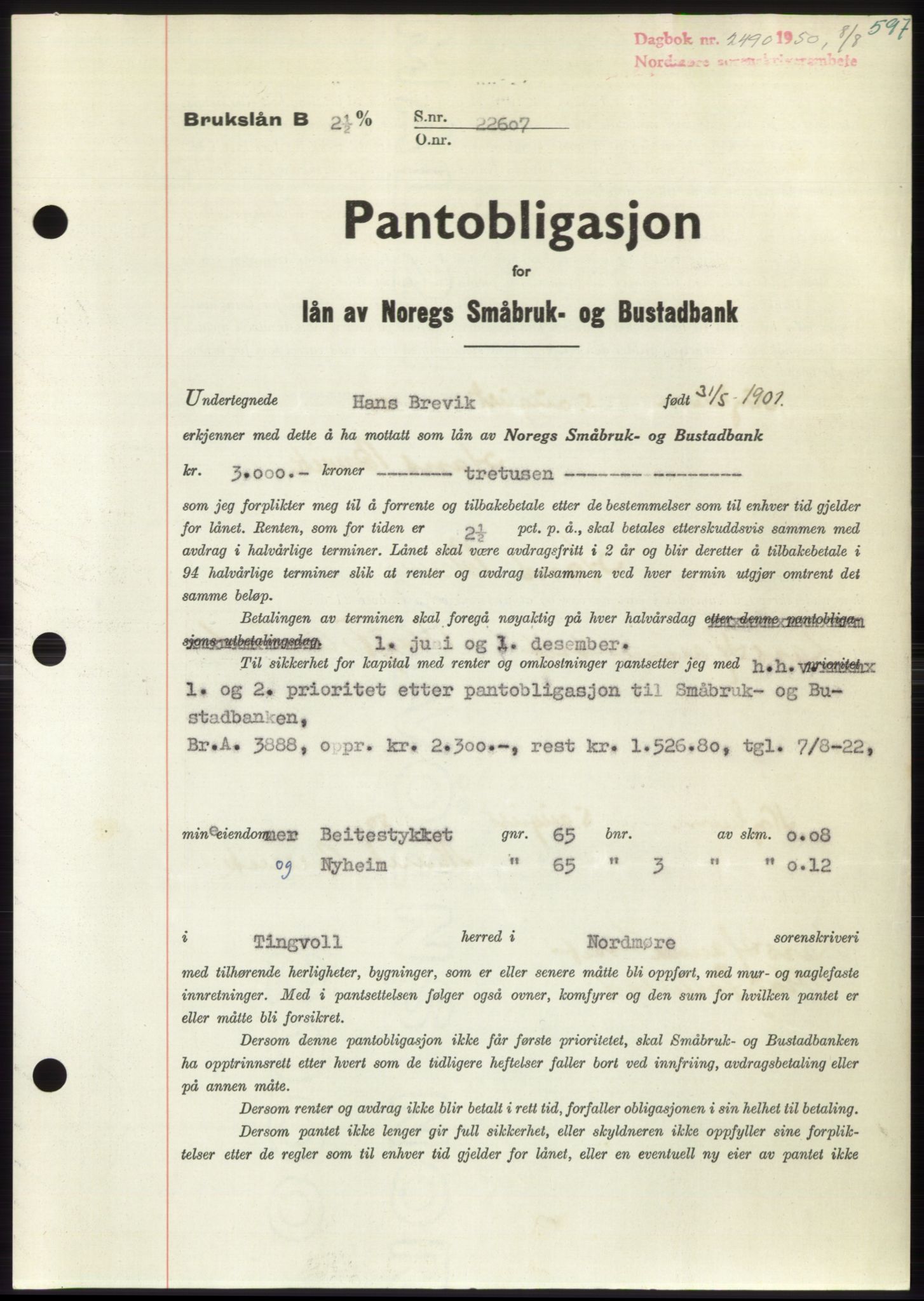 Nordmøre sorenskriveri, AV/SAT-A-4132/1/2/2Ca: Pantebok nr. B105, 1950-1950, Dagboknr: 2490/1950