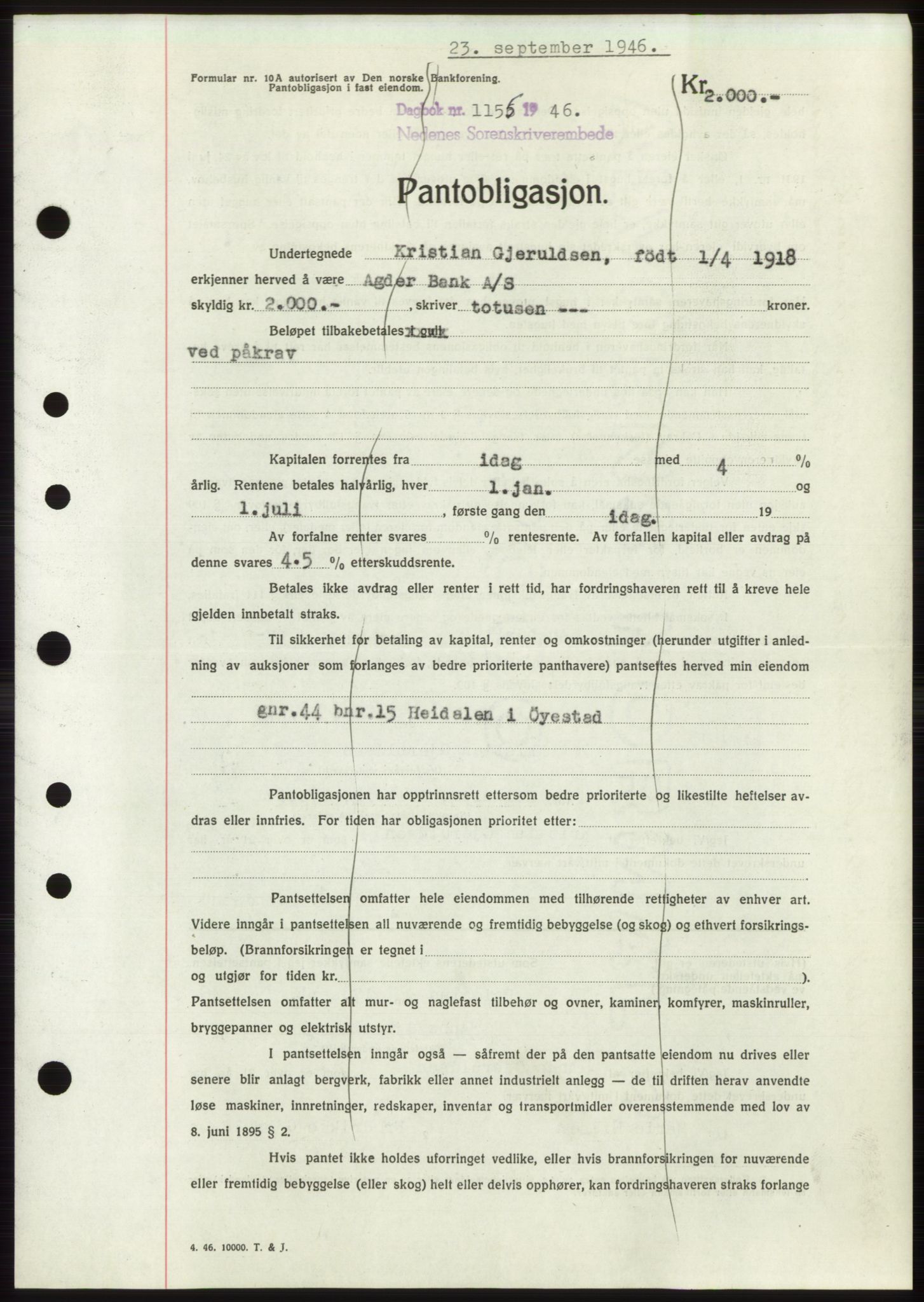 Nedenes sorenskriveri, SAK/1221-0006/G/Gb/Gbb/L0003: Pantebok nr. B3b, 1946-1946, Dagboknr: 1155/1946