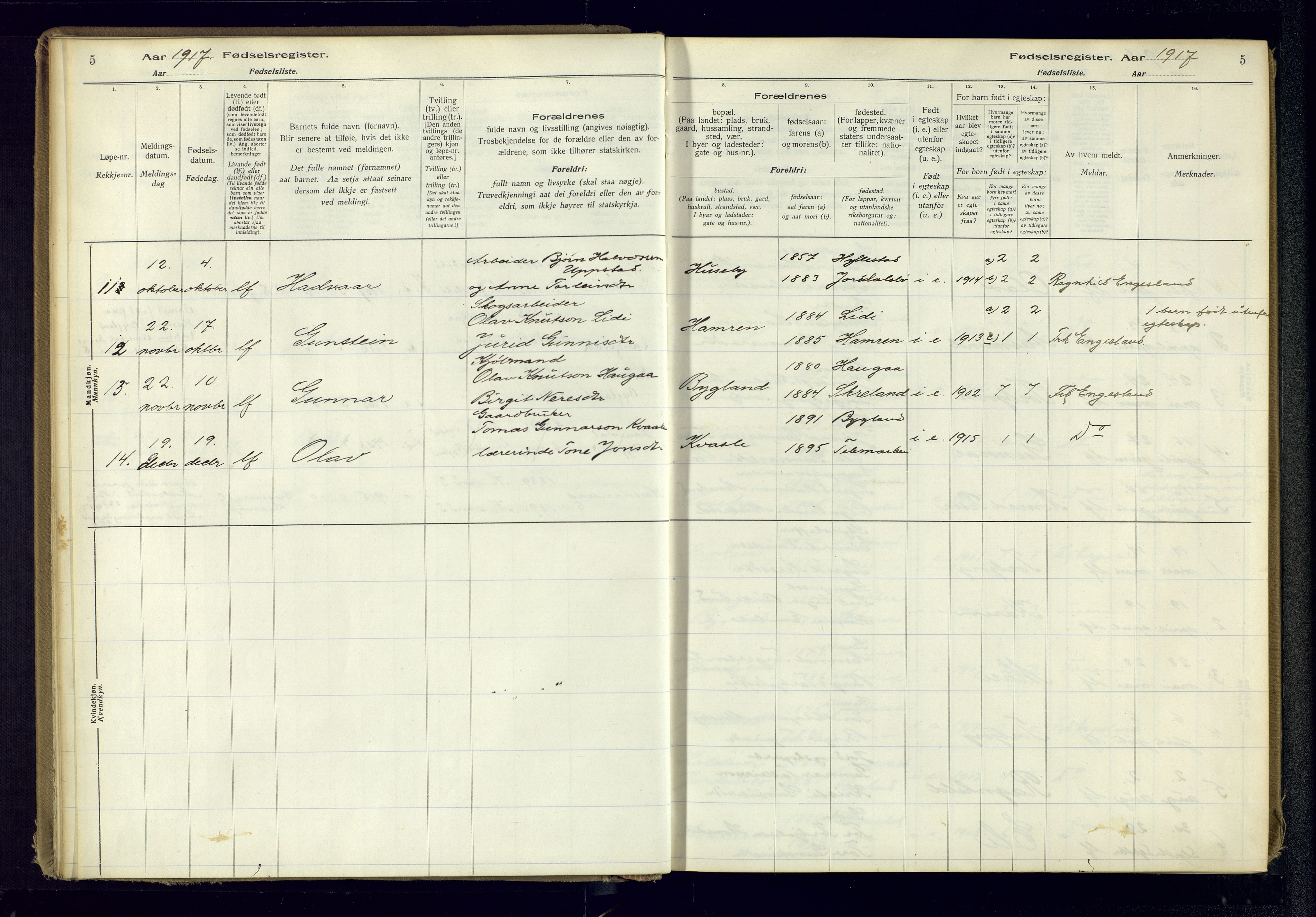 Bygland sokneprestkontor, AV/SAK-1111-0006/J/Ja/L0001: Fødselsregister nr. II.4.2, 1916-1982, s. 5