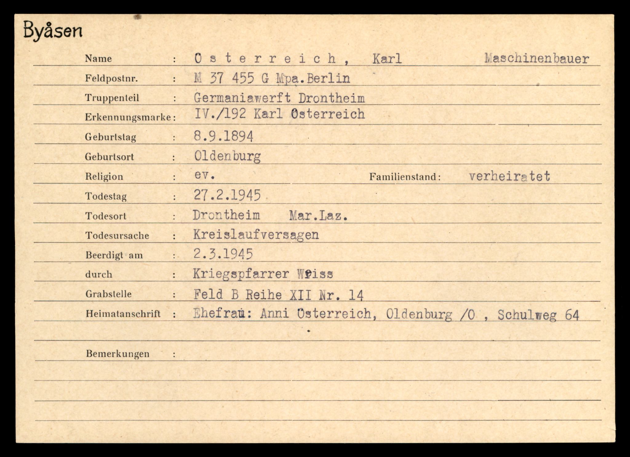 Distriktskontoret for krigsgraver, SAT/A-5030/E/L0004: Kasett/kartotek over tysk Krigskirkegård på Byåsen, 1945, s. 2049