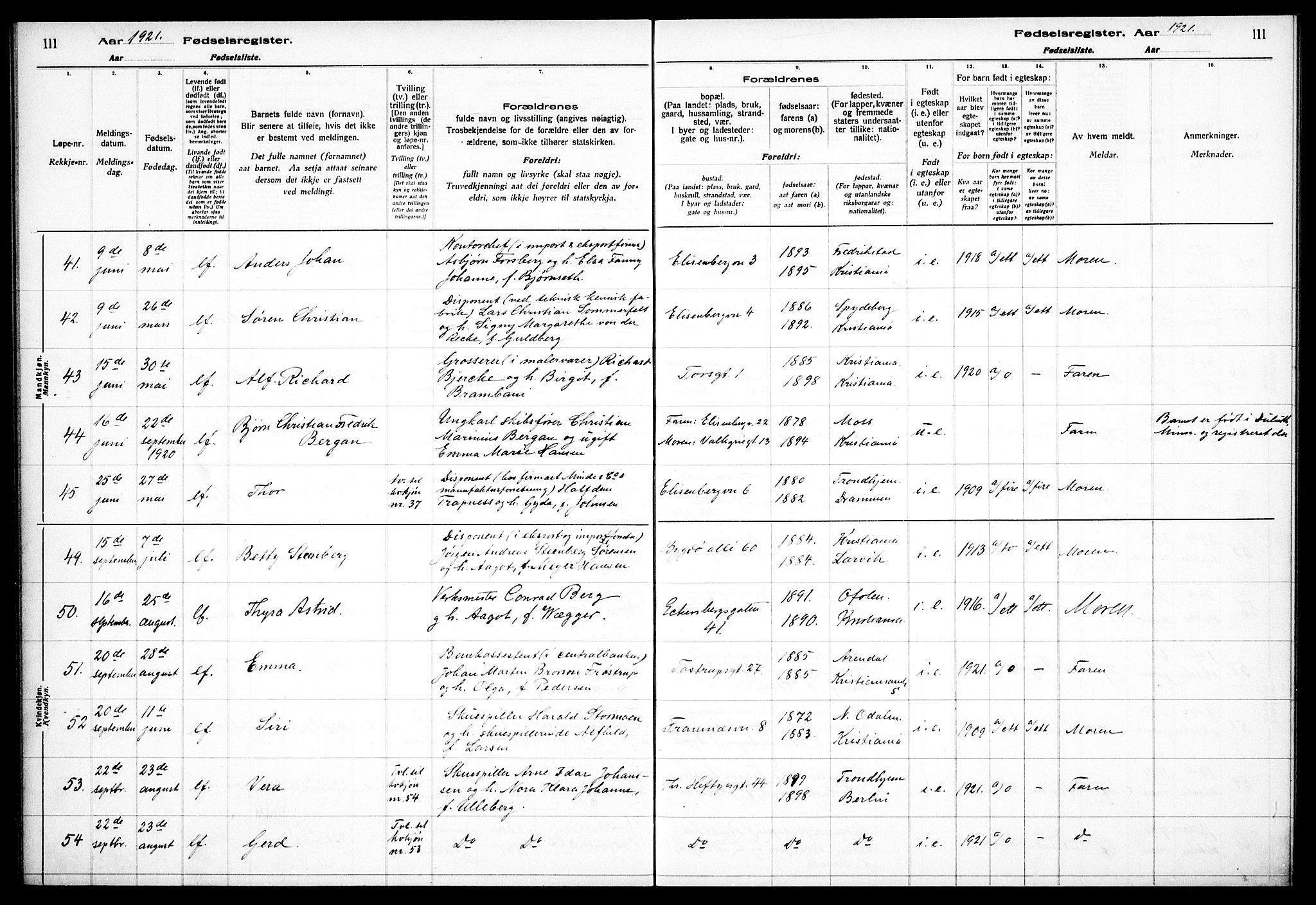 Frogner prestekontor Kirkebøker, SAO/A-10886/J/Ja/L0001: Fødselsregister nr. 1, 1916-1927, s. 111