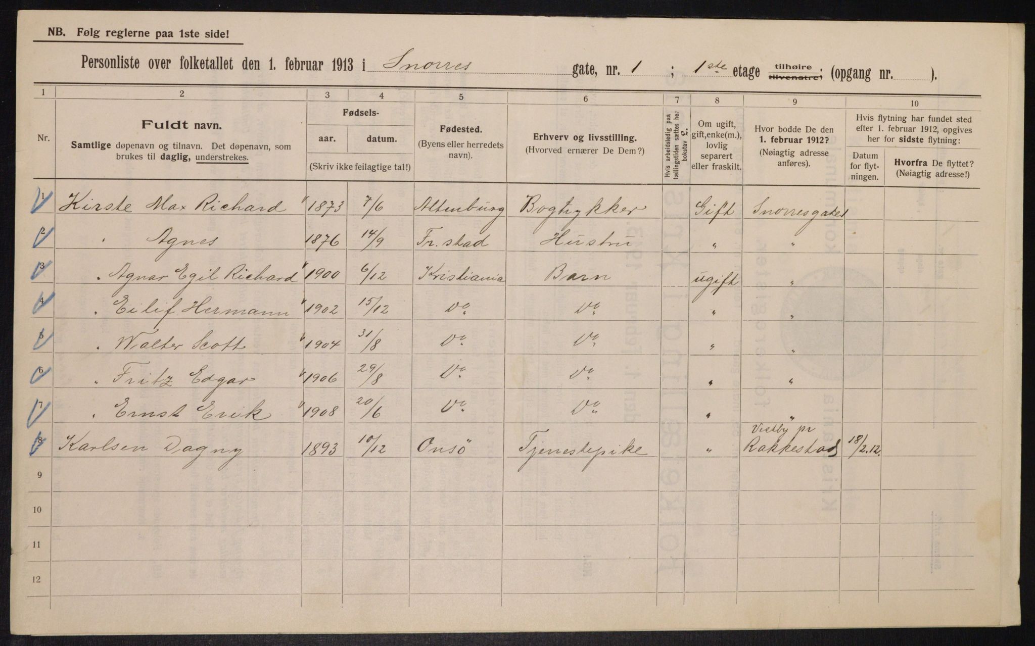 OBA, Kommunal folketelling 1.2.1913 for Kristiania, 1913, s. 98121