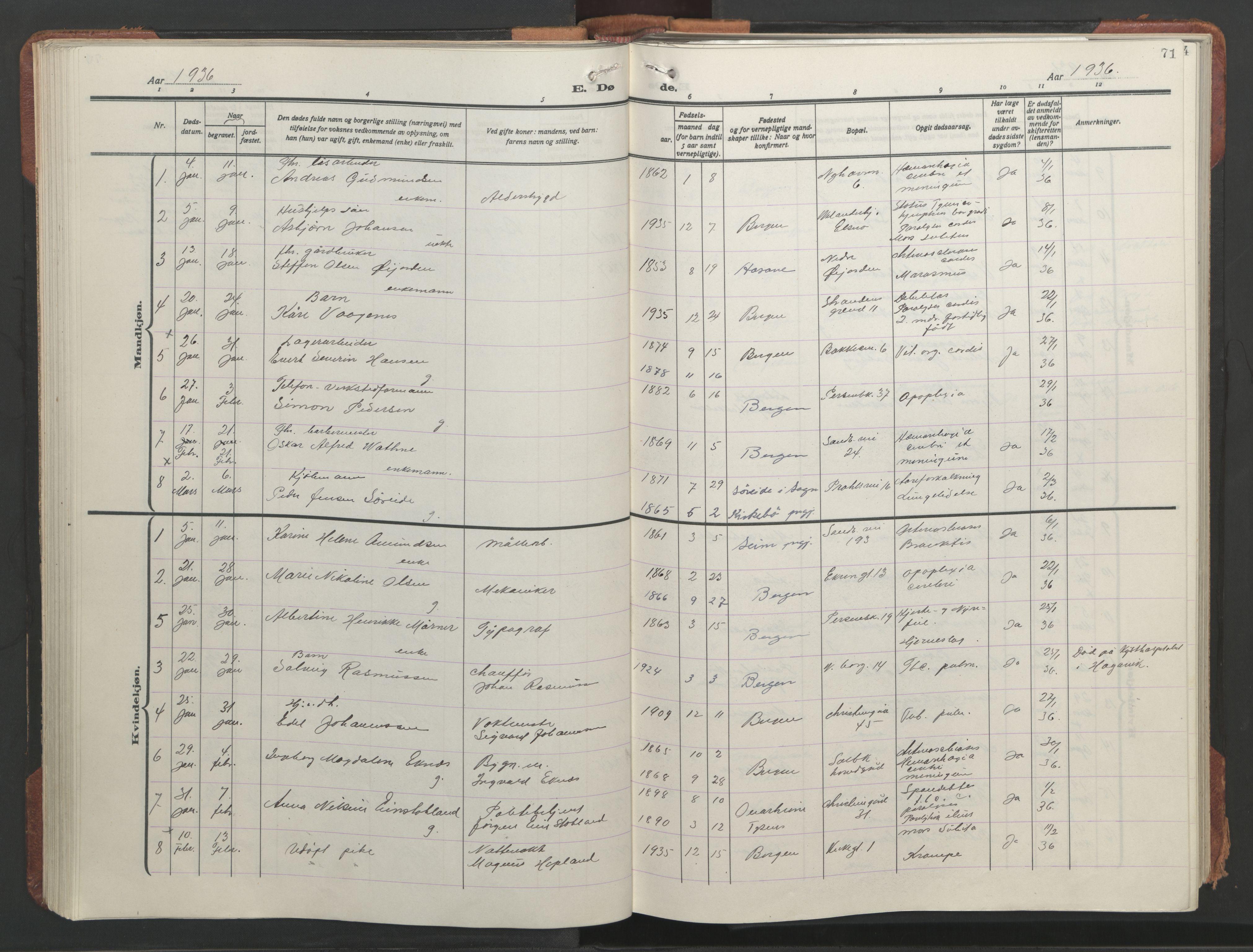 Sandviken Sokneprestembete, AV/SAB-A-77601/H/Hb/L0018: Klokkerbok nr. E 2, 1926-1962, s. 70b-71a