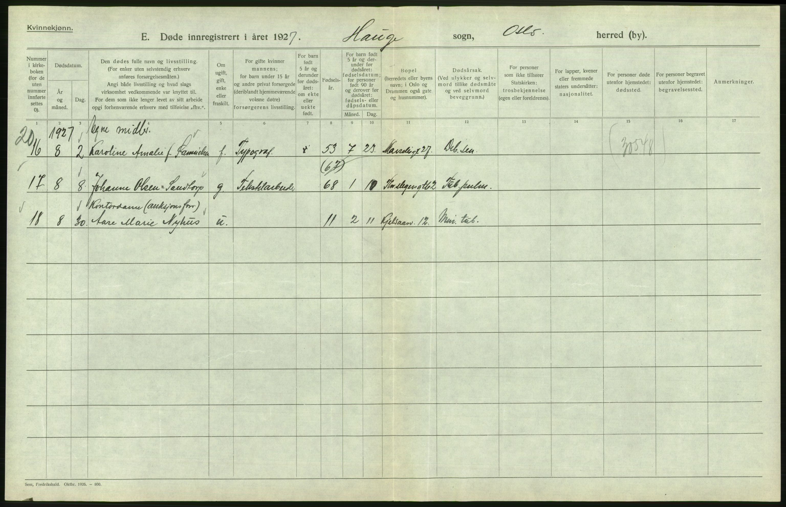 Statistisk sentralbyrå, Sosiodemografiske emner, Befolkning, AV/RA-S-2228/D/Df/Dfc/Dfcg/L0010: Oslo: Døde kvinner, dødfødte, 1927, s. 692