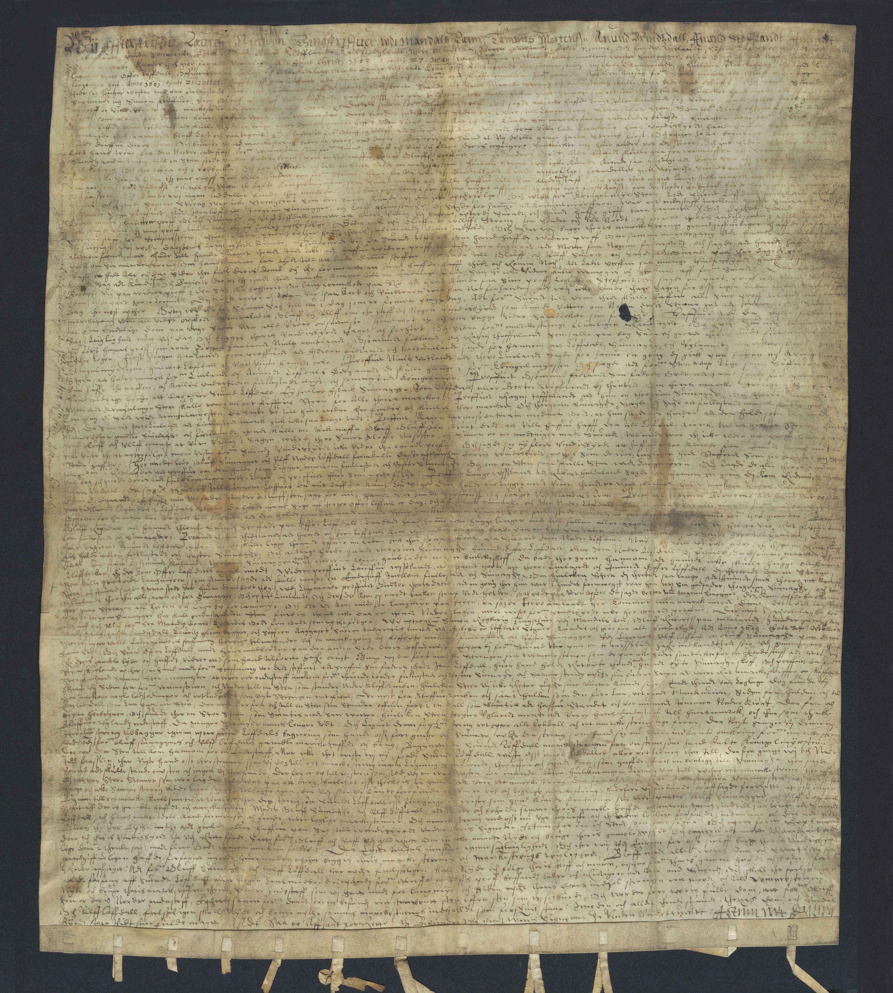 Gårdsarkiv Svinagel, Laudal, SAK/D/0217/F/L0001: Dokument vedrørende markegang mellom Svinagel og Fjellestad (originalt skinnbrev), 1602, s. 1