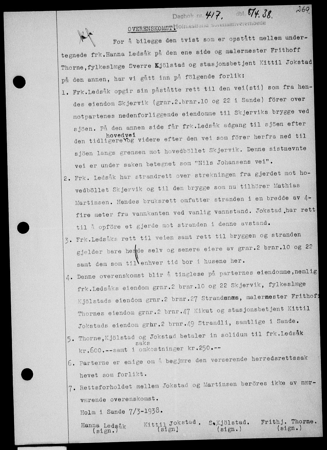 Holmestrand sorenskriveri, SAKO/A-67/G/Ga/Gaa/L0049: Pantebok nr. A-49, 1937-1938, Dagboknr: 417/1938
