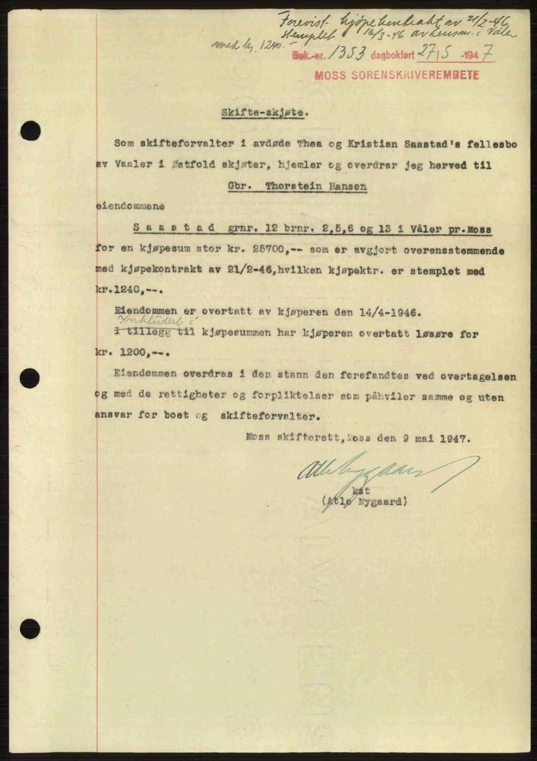 Moss sorenskriveri, SAO/A-10168: Pantebok nr. A17, 1947-1947, Dagboknr: 1353/1947