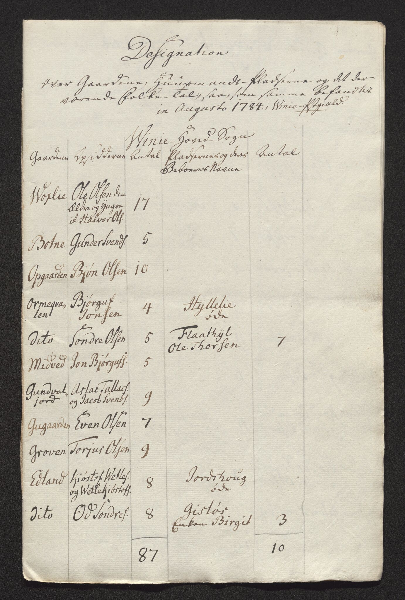 Bratsberg len og amt, AV/SAKO-A-943/I/I34/L0342/0017: Diverse manntall og fortegnelser / Fortegnelse over gårder og husmannsplasser i Vinje prestegjeld, 1784, s. 2