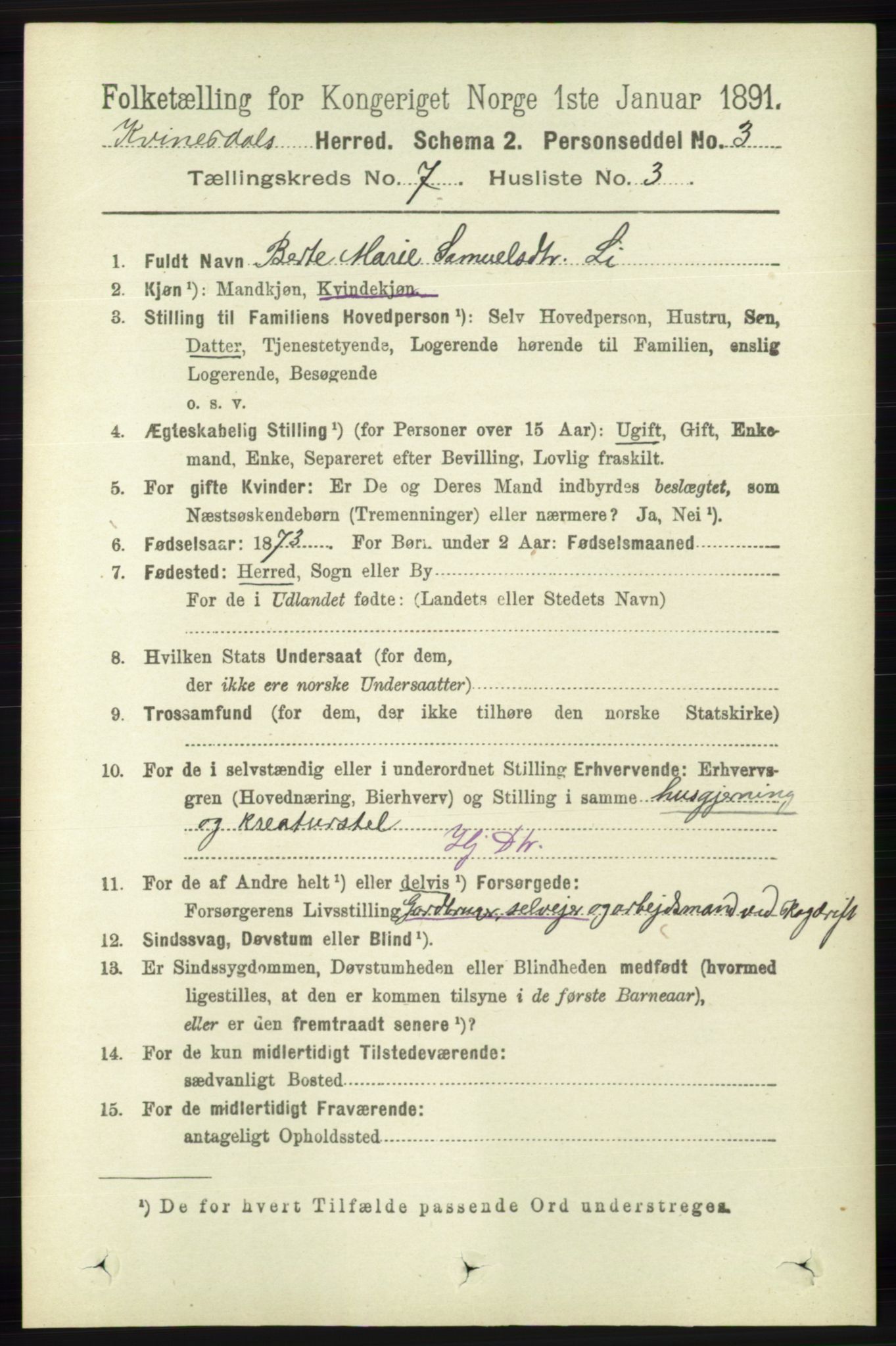 RA, Folketelling 1891 for 1037 Kvinesdal herred, 1891, s. 2437