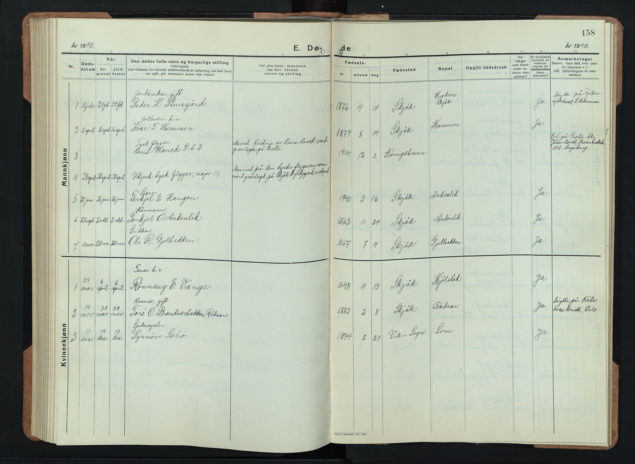 Skjåk prestekontor, AV/SAH-PREST-072/H/Ha/Hab/L0006: Klokkerbok nr. 6, 1933-1954, s. 158