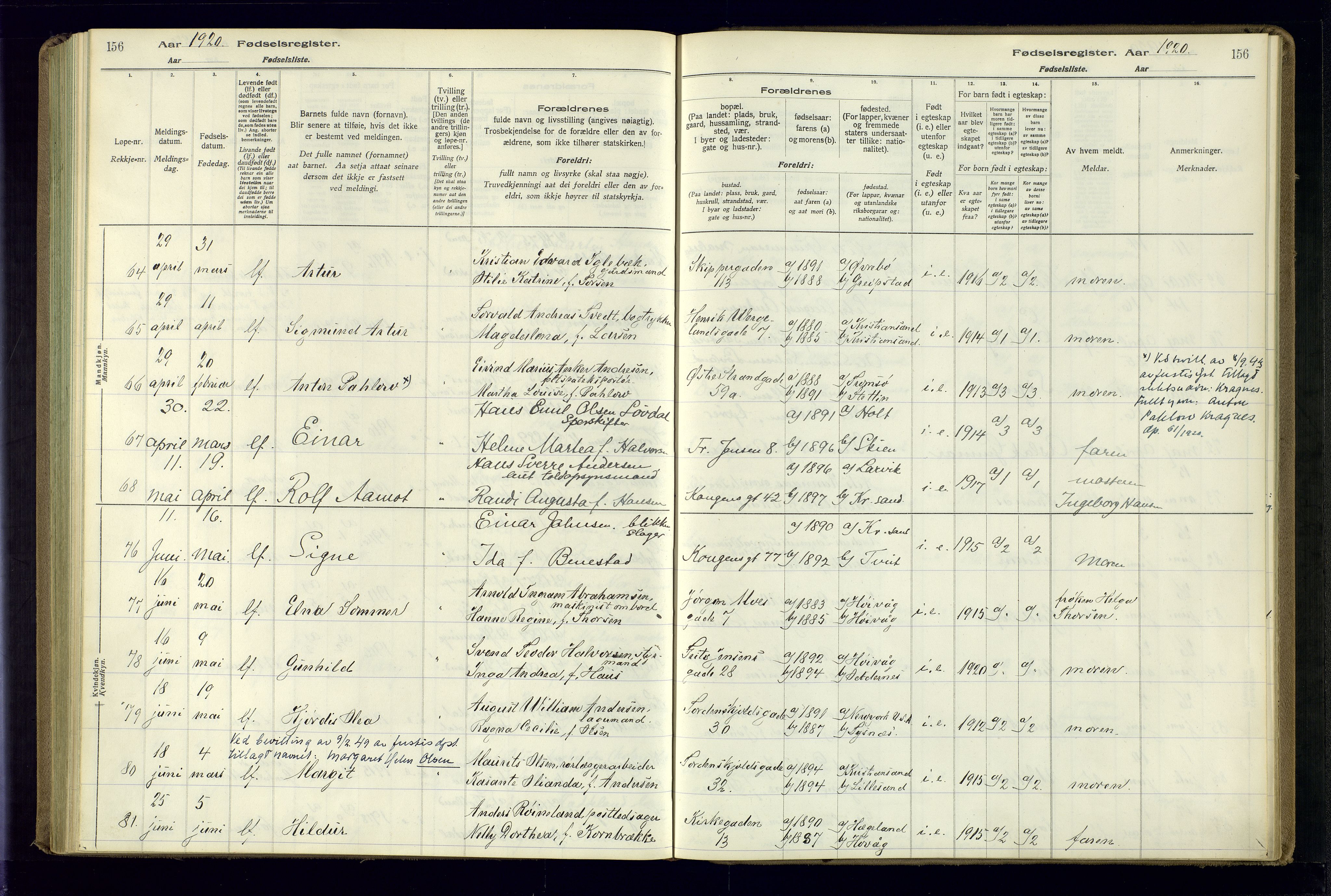 Kristiansand domprosti, AV/SAK-1112-0006/J/Jc/L0001: Fødselsregister nr. A-VI-45, 1916-1921, s. 156