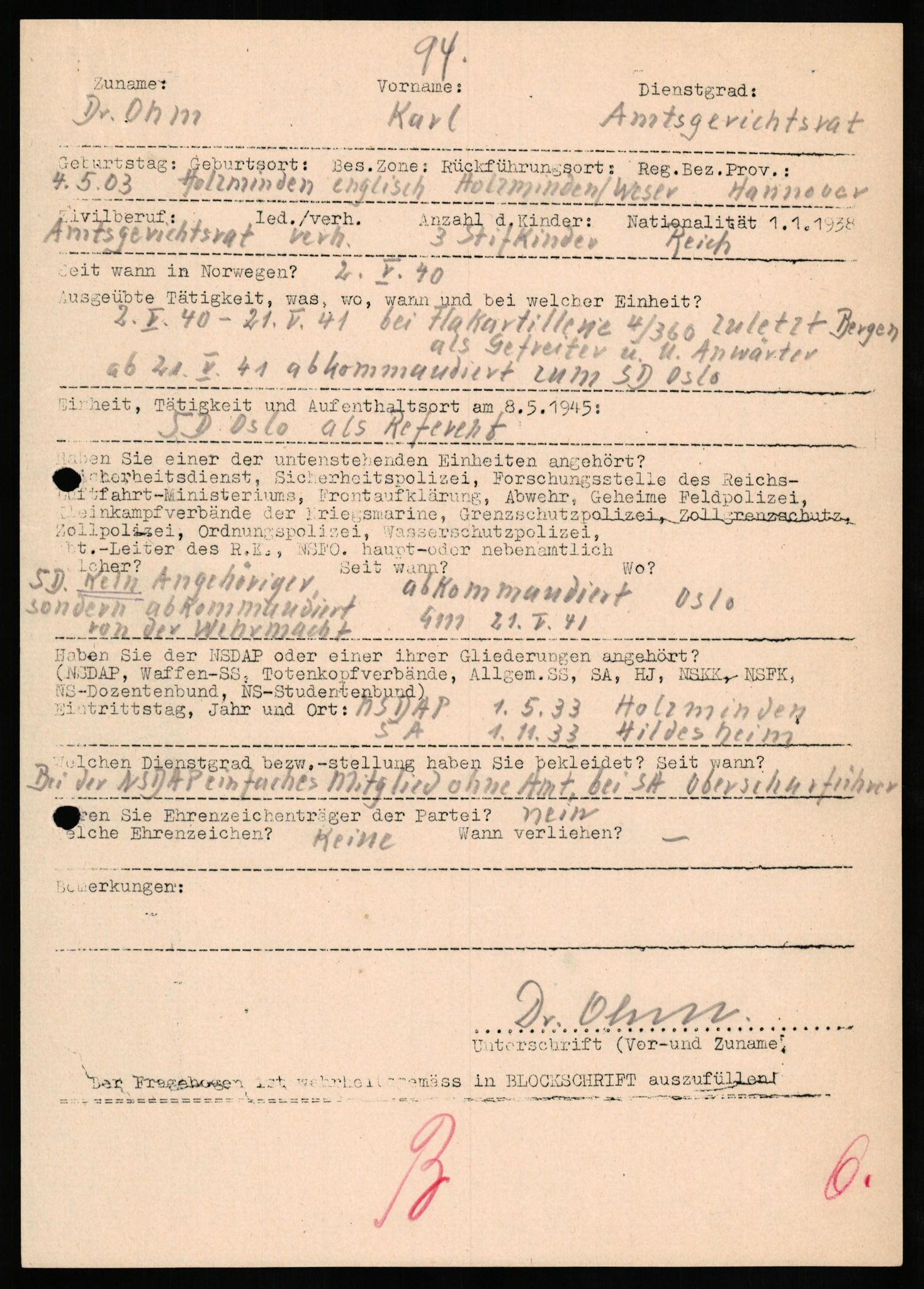 Forsvaret, Forsvarets overkommando II, AV/RA-RAFA-3915/D/Db/L0024: CI Questionaires. Tyske okkupasjonsstyrker i Norge. Tyskere., 1945-1946, s. 480