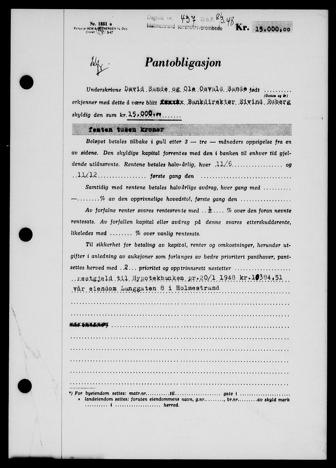 Holmestrand sorenskriveri, SAKO/A-67/G/Ga/Gab/L0058: Pantebok nr. B-58, 1947-1948, Dagboknr: 437/1948