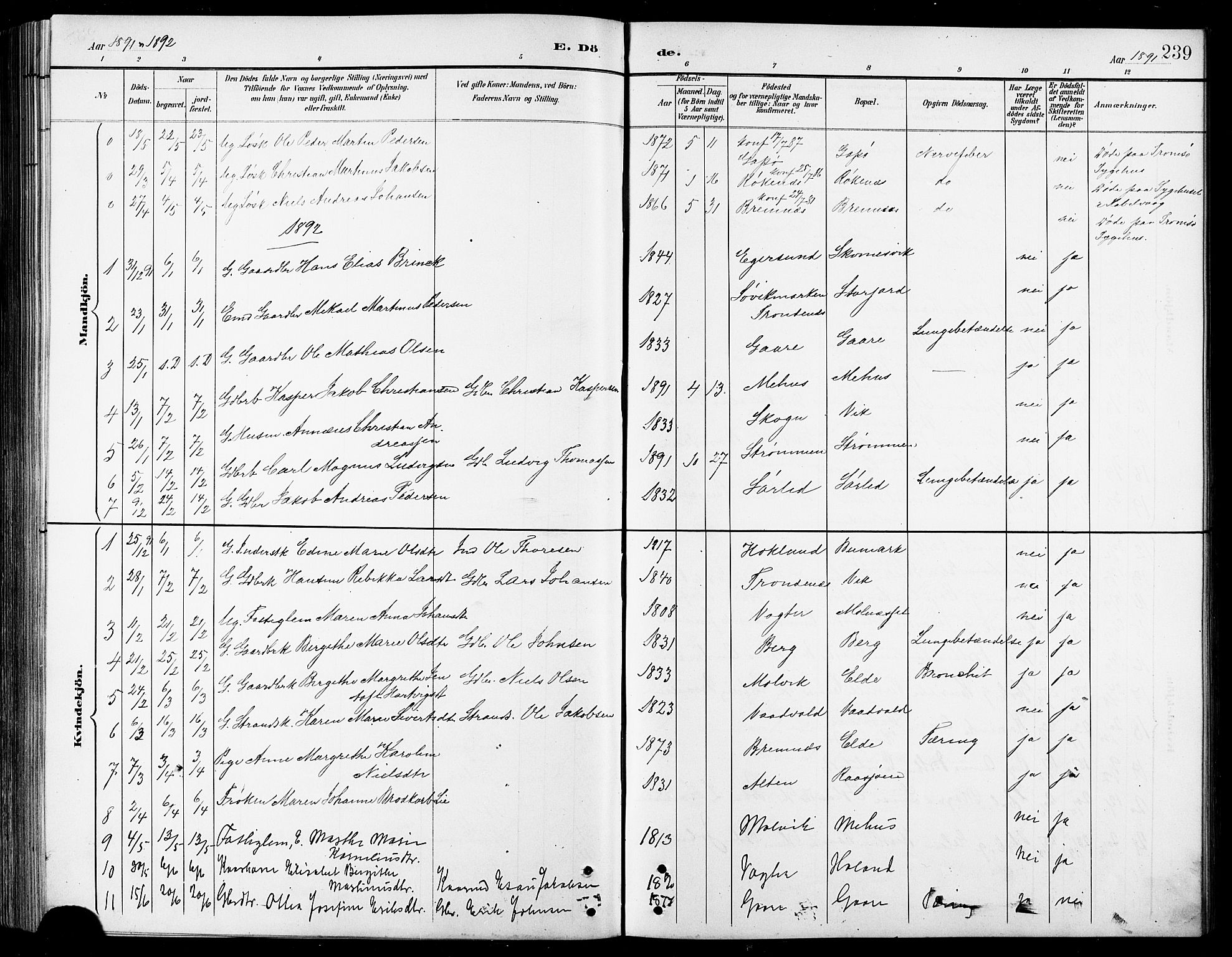 Kvæfjord sokneprestkontor, AV/SATØ-S-1323/G/Ga/Gab/L0005klokker: Klokkerbok nr. 5, 1886-1911, s. 239