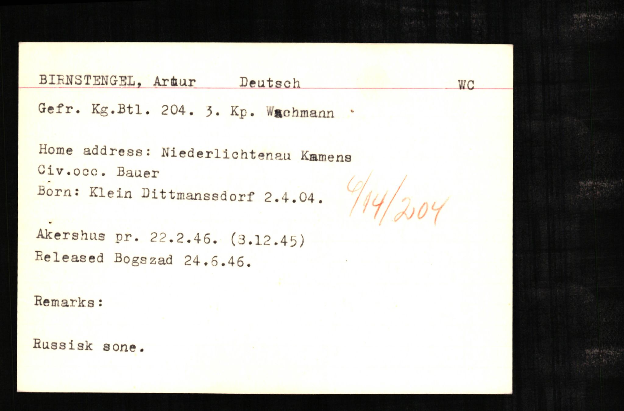Forsvaret, Forsvarets overkommando II, RA/RAFA-3915/D/Db/L0003: CI Questionaires. Tyske okkupasjonsstyrker i Norge. Tyskere., 1945-1946, s. 206