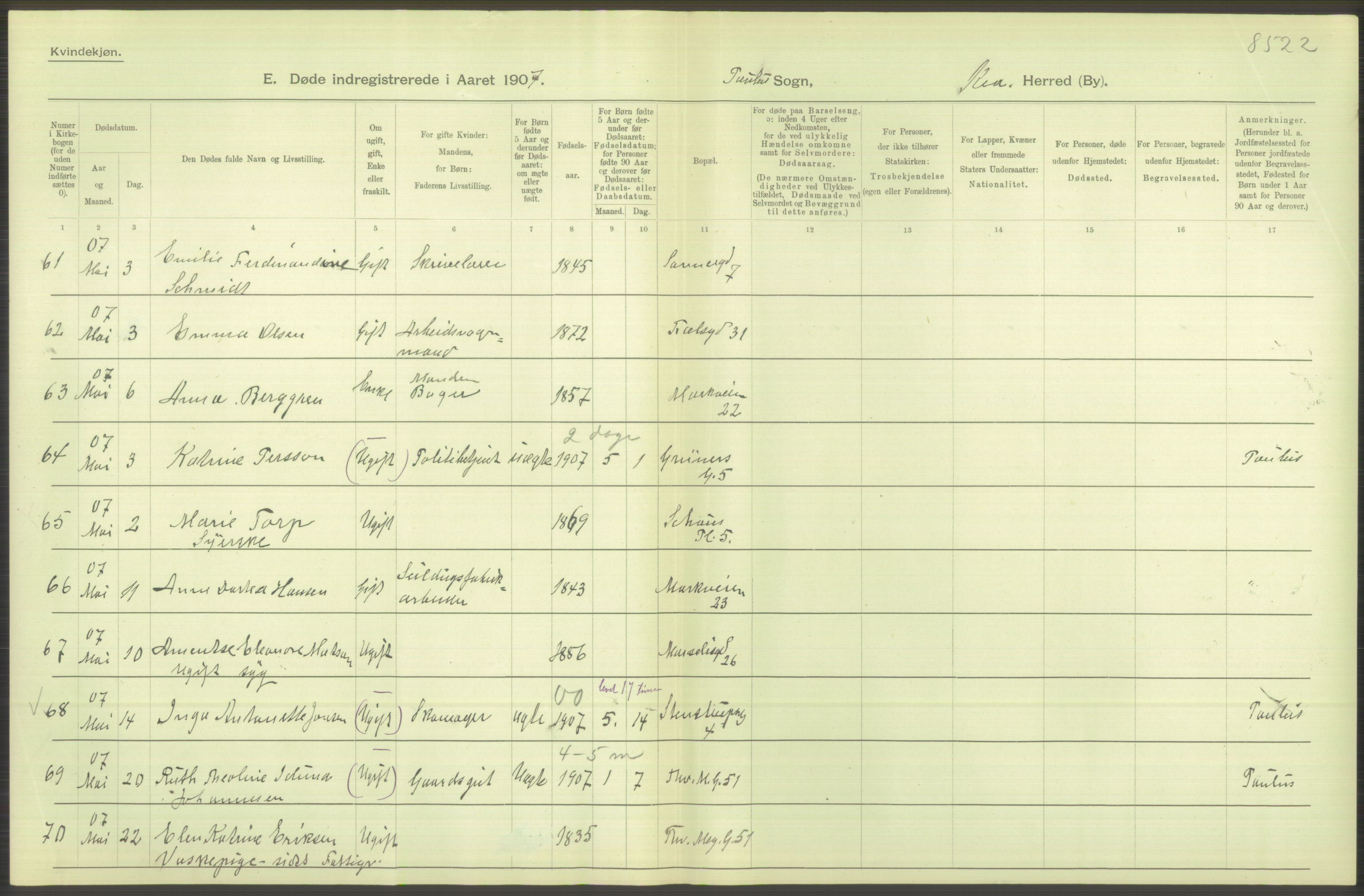 Statistisk sentralbyrå, Sosiodemografiske emner, Befolkning, AV/RA-S-2228/D/Df/Dfa/Dfae/L0009: Kristiania: Døde, 1907, s. 392