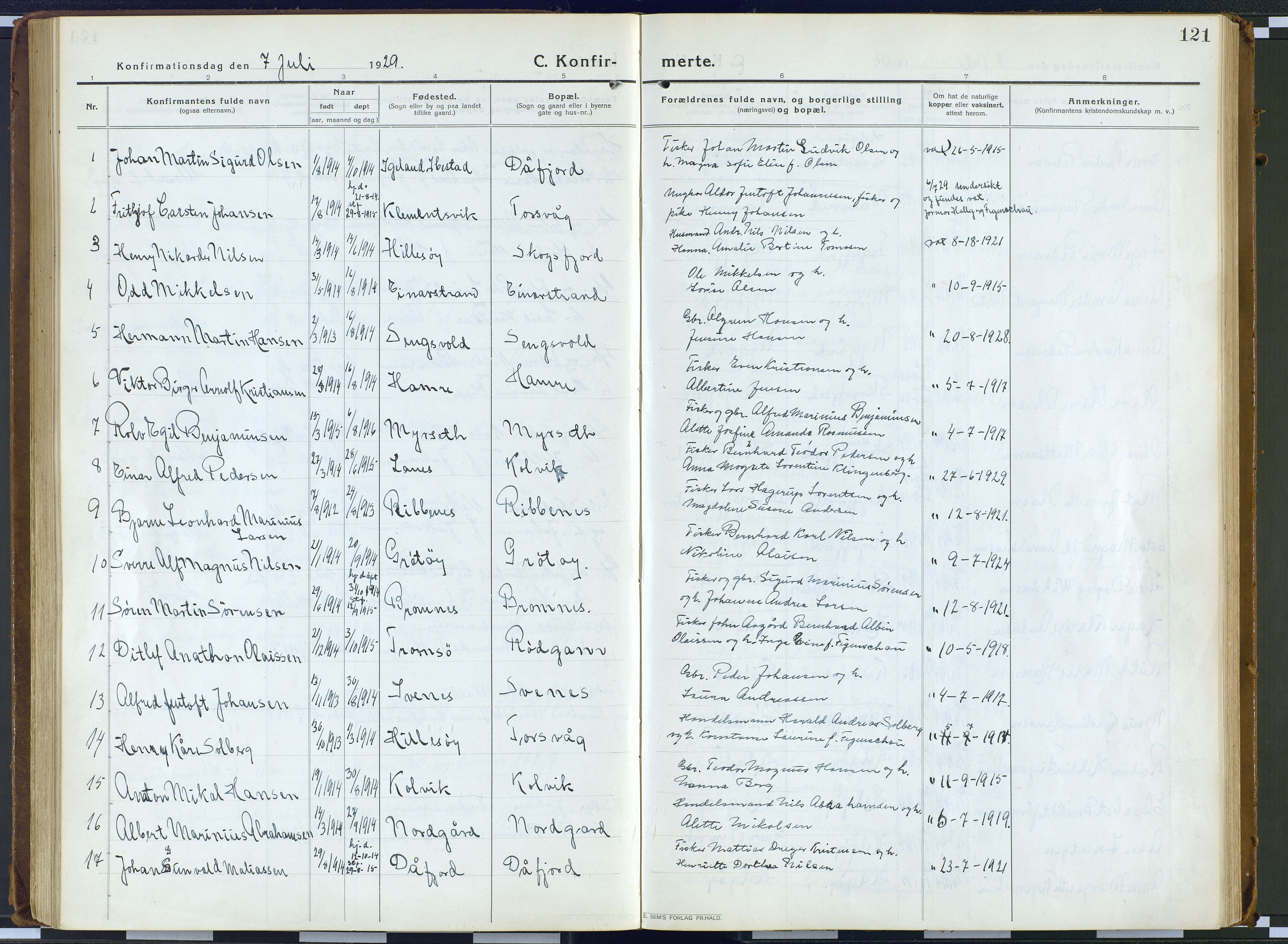 Karlsøy sokneprestembete, AV/SATØ-S-1299/H/Ha/Haa/L0016kirke: Ministerialbok nr. 16, 1916-1934, s. 121