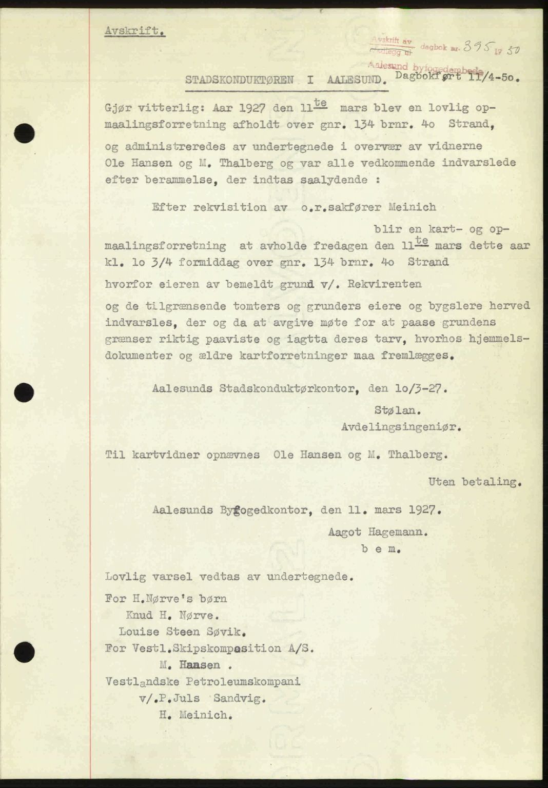 Ålesund byfogd, AV/SAT-A-4384: Pantebok nr. 37A (2), 1949-1950, Dagboknr: 395/1950