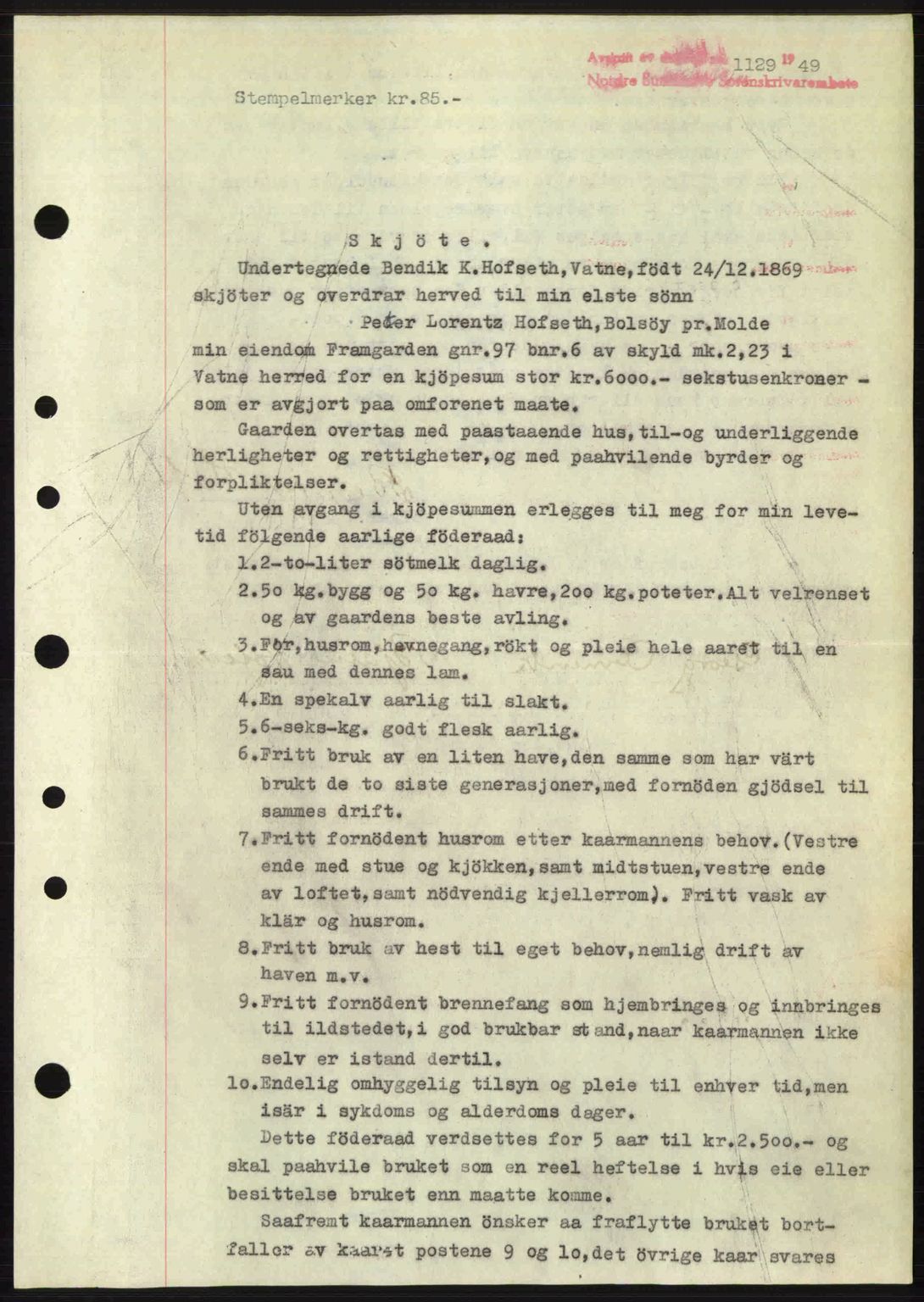 Nordre Sunnmøre sorenskriveri, SAT/A-0006/1/2/2C/2Ca: Pantebok nr. A30, 1949-1949, Dagboknr: 1129/1949