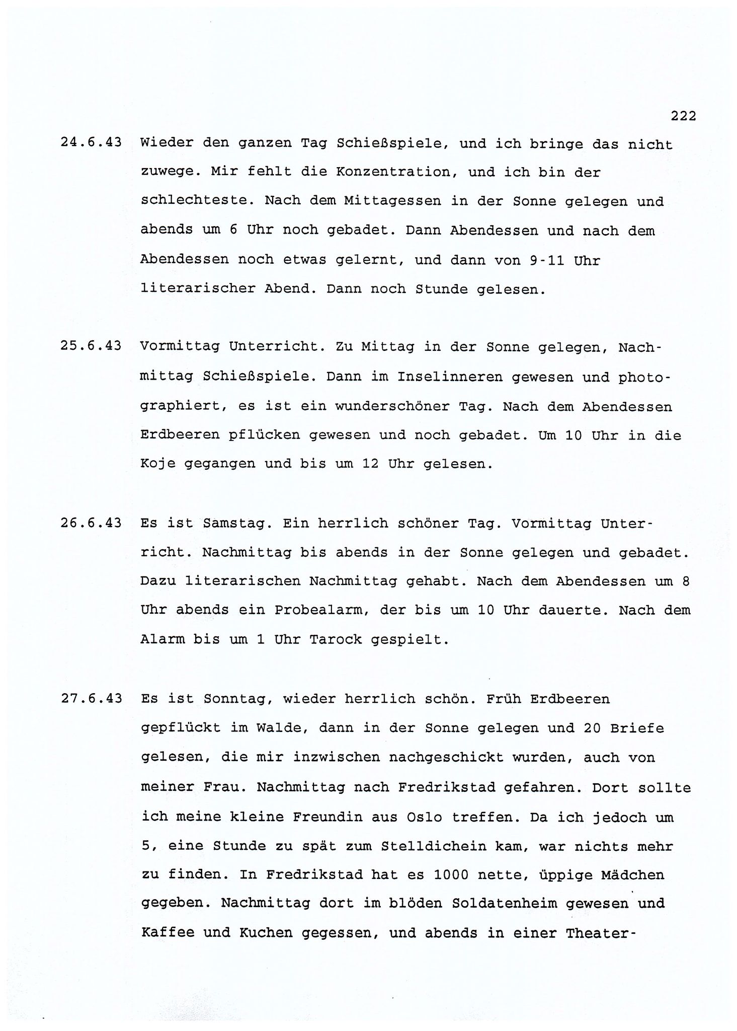 Dagbokopptegnelser av en tysk marineoffiser stasjonert i Norge , FMFB/A-1160/F/L0001: Dagbokopptegnelser av en tysk marineoffiser stasjonert i Norge, 1941-1944, s. 222