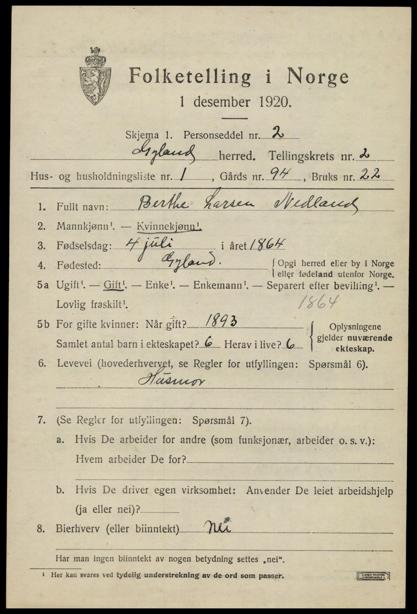 SAK, Folketelling 1920 for 1044 Gyland herred, 1920, s. 724