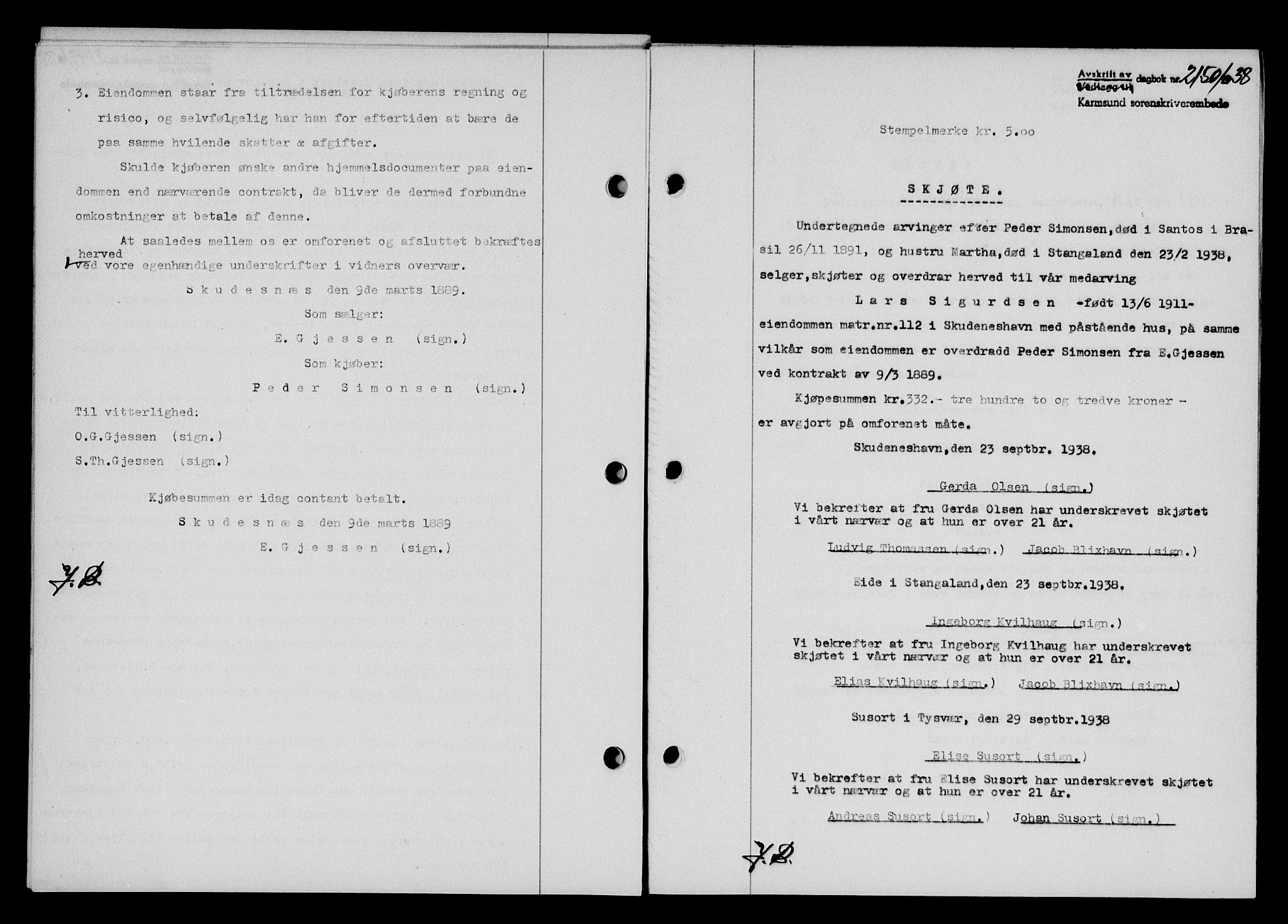 Karmsund sorenskriveri, SAST/A-100311/01/II/IIB/L0070: Pantebok nr. 51A, 1938-1939, Dagboknr: 2150/1938