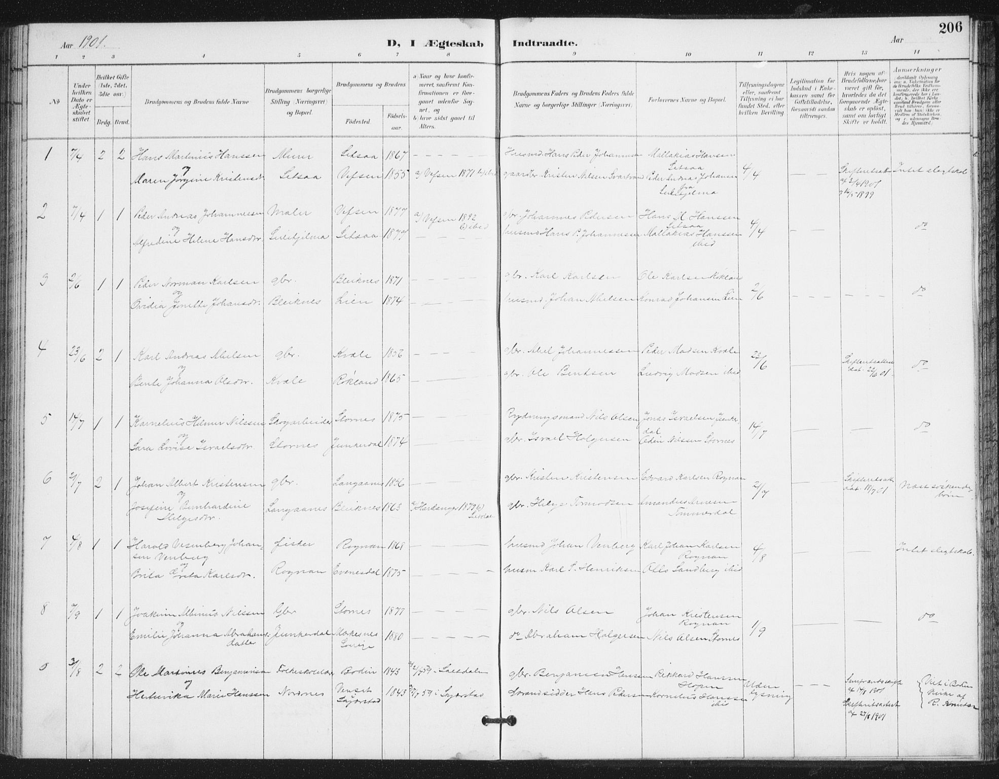 Ministerialprotokoller, klokkerbøker og fødselsregistre - Nordland, SAT/A-1459/847/L0682: Klokkerbok nr. 847C10, 1889-1907, s. 206