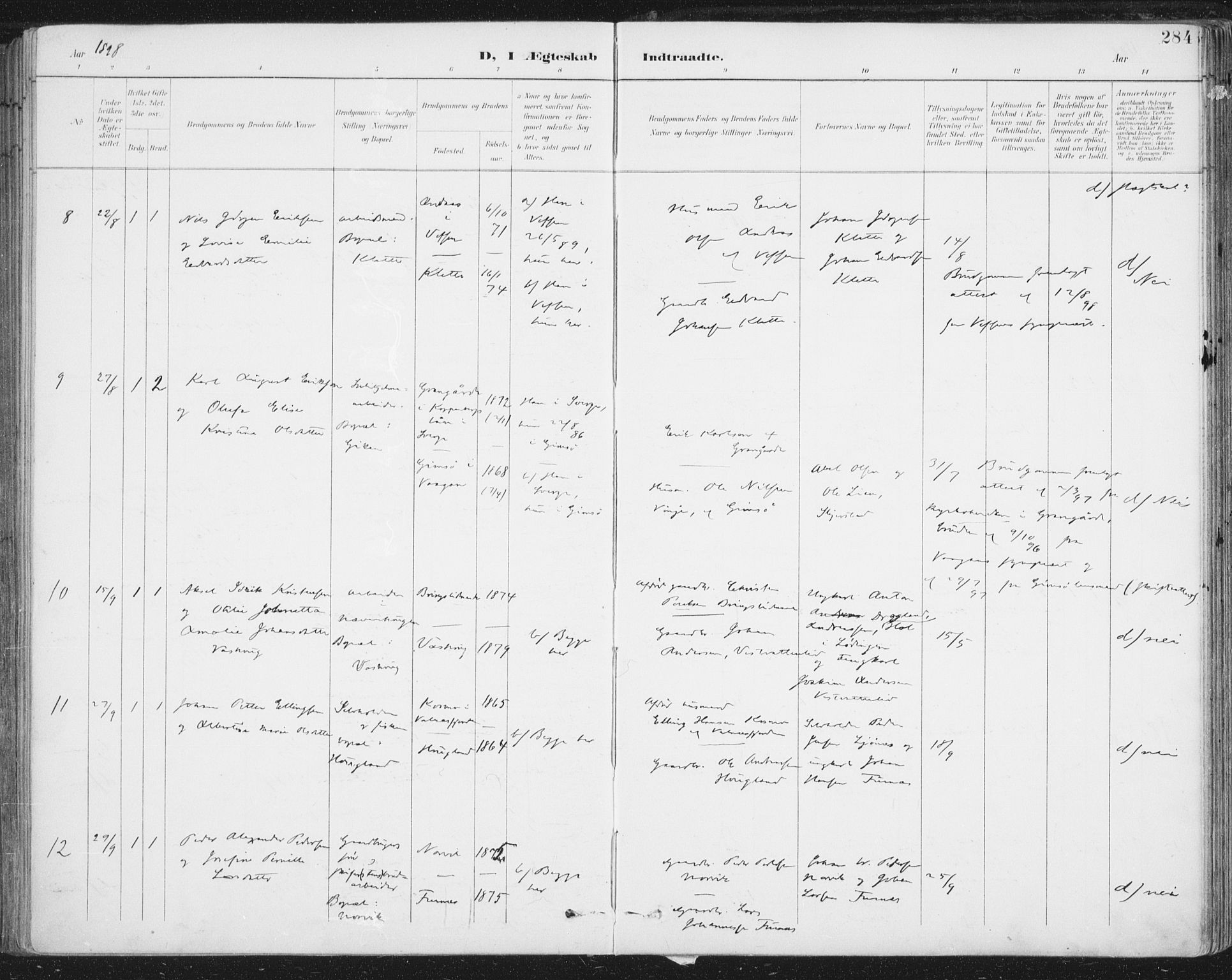 Ministerialprotokoller, klokkerbøker og fødselsregistre - Nordland, SAT/A-1459/852/L0741: Ministerialbok nr. 852A11, 1894-1917, s. 284
