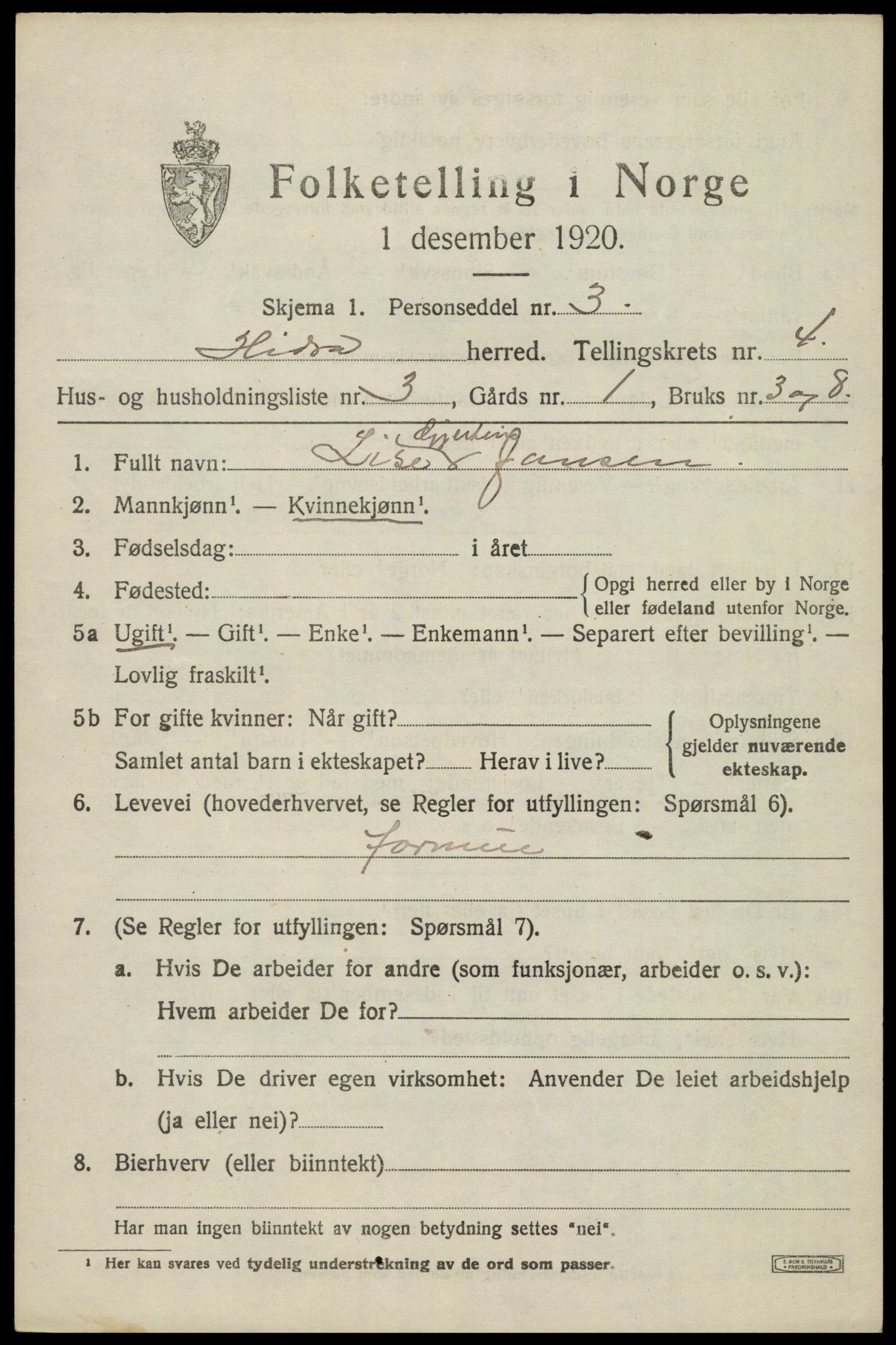 SAK, Folketelling 1920 for 1042 Hidra herred, 1920, s. 2110