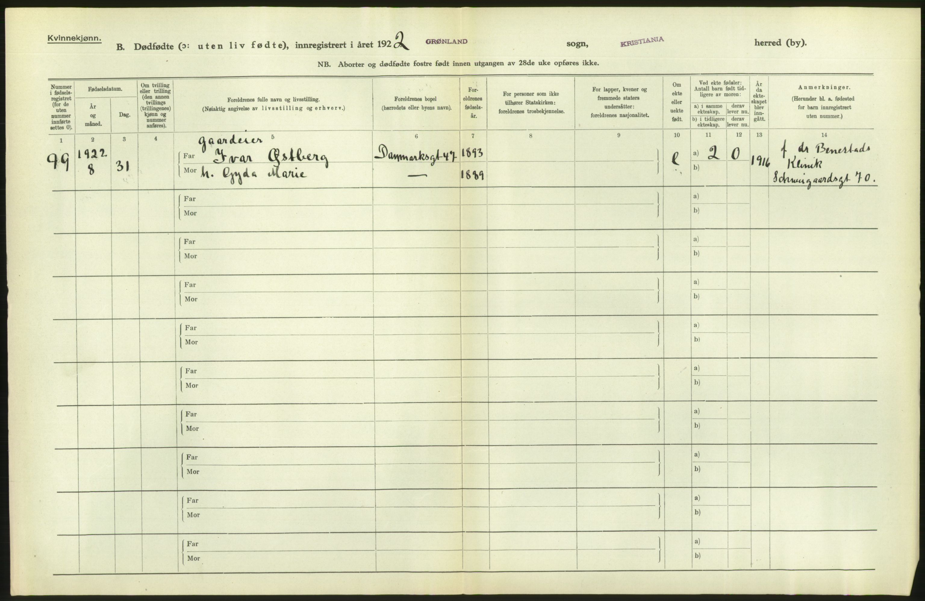 Statistisk sentralbyrå, Sosiodemografiske emner, Befolkning, AV/RA-S-2228/D/Df/Dfc/Dfcb/L0010: Kristiania: Døde, dødfødte, 1922, s. 56