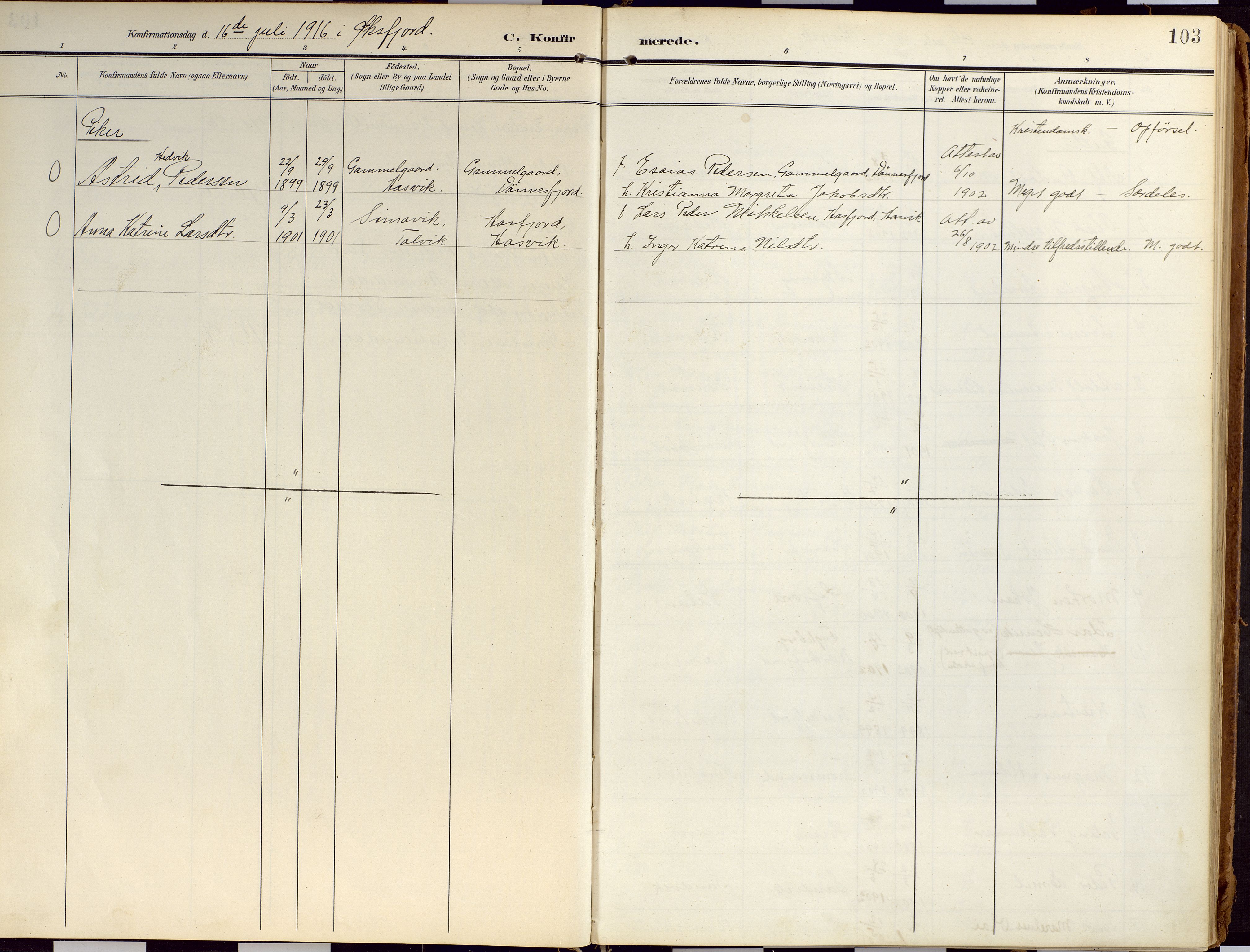 Loppa sokneprestkontor, SATØ/S-1339/H/Ha/L0010kirke: Ministerialbok nr. 10, 1907-1922, s. 103